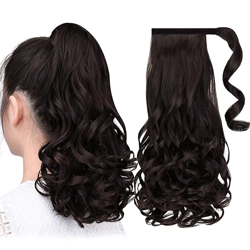 SYXLCYGG Extensión de cola de caballo envolvente con clip marrón de 16 pulgadas, 4.2 onzas, extensiones de cabello negro sintético para niña, peluca