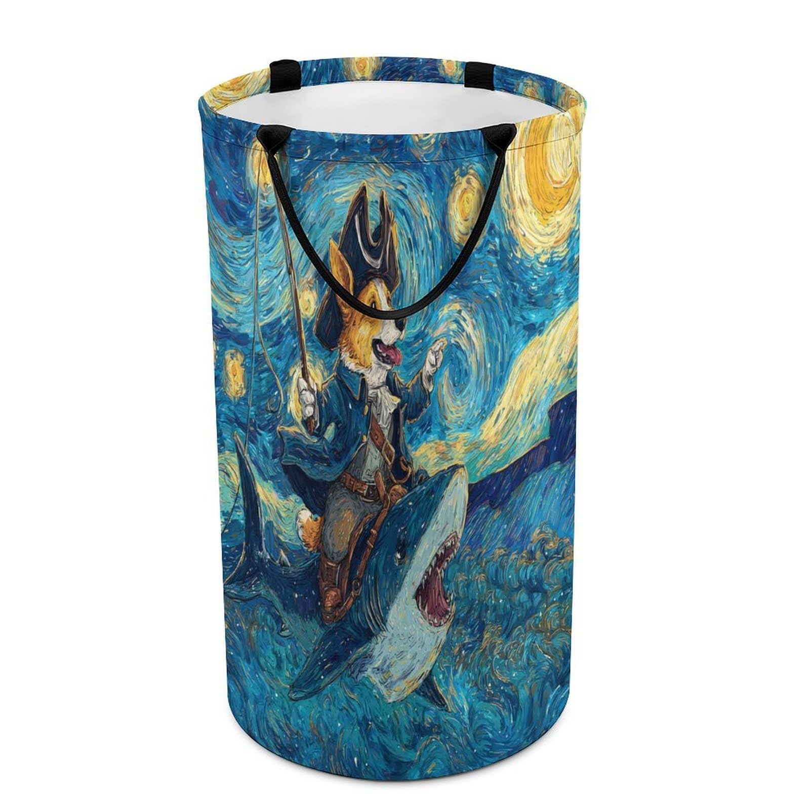 LUYYSKY Rustic Vintage Cute Dogs Collapsible Dirty Clothes Basket, Funny Oil Painting Starry Sky Sunflowers Animals Sharks Puppies Portable Clothes Storage Basket