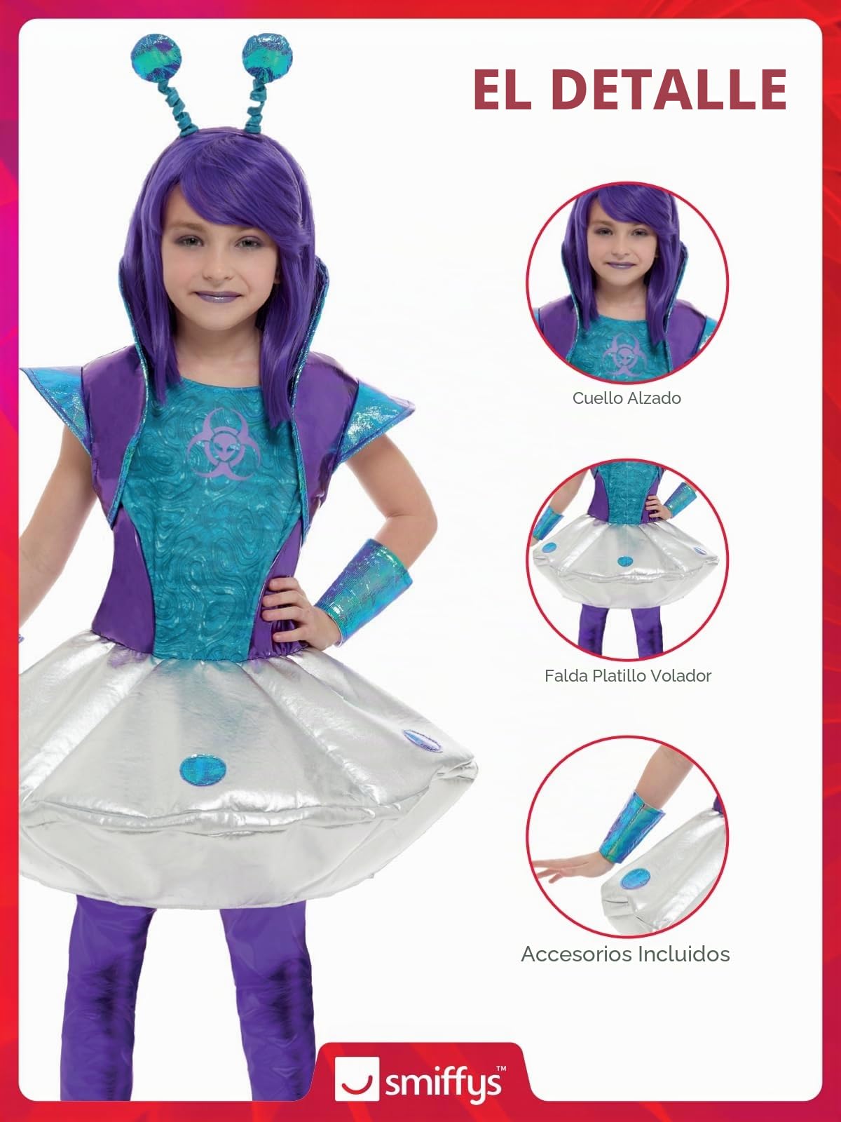 Smiffys Alien Girl Costume, Silver with Dress, Leggings, Wristcuffs & Headband, Halloween Child Fancy Dress, Alien Dress Up Costumes