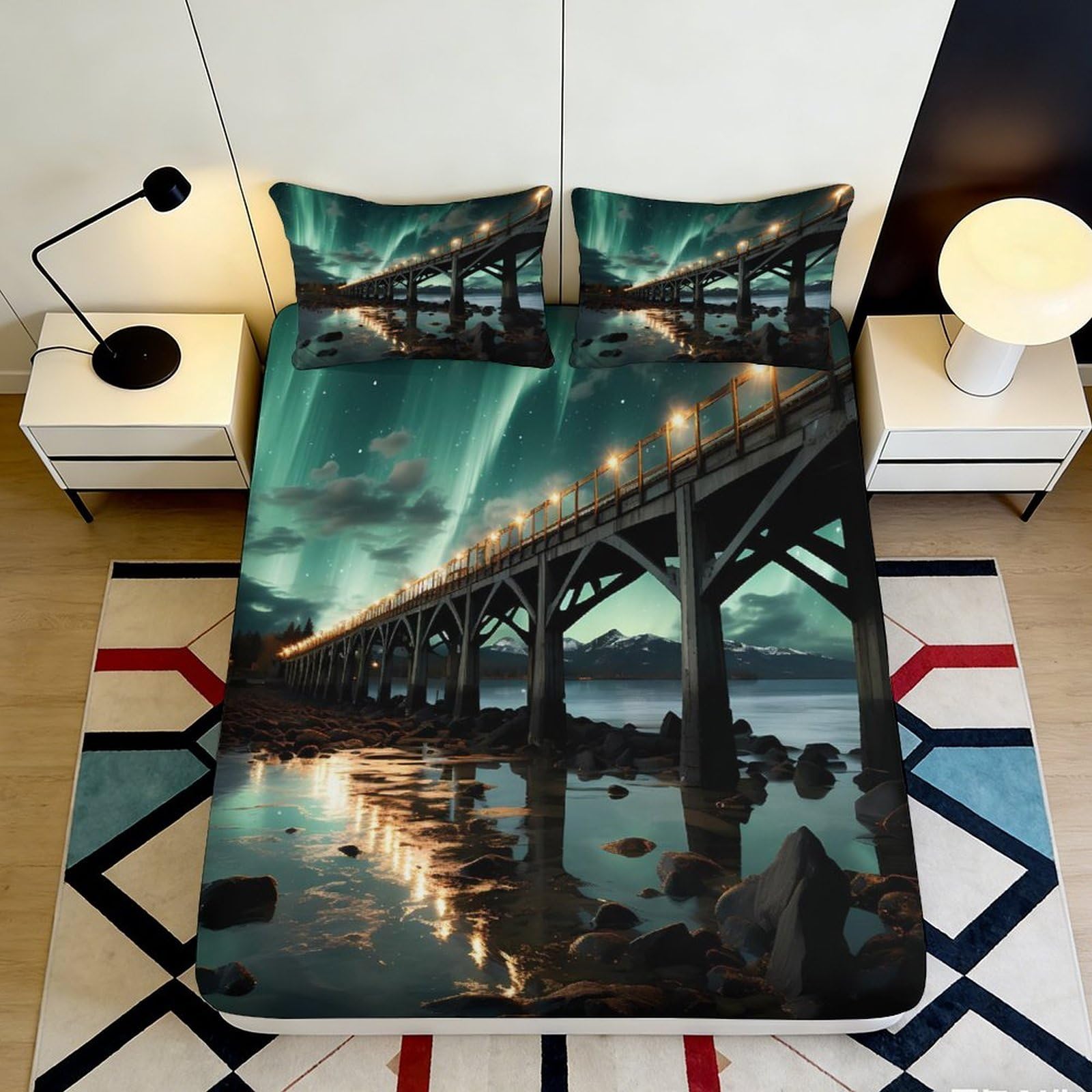 3D Printed Bridge Night View Fitted Sheet Microfiber Soft Slip-Resistant River Reflection Mattress Cover for Bedroom Decor 90x200x25cm