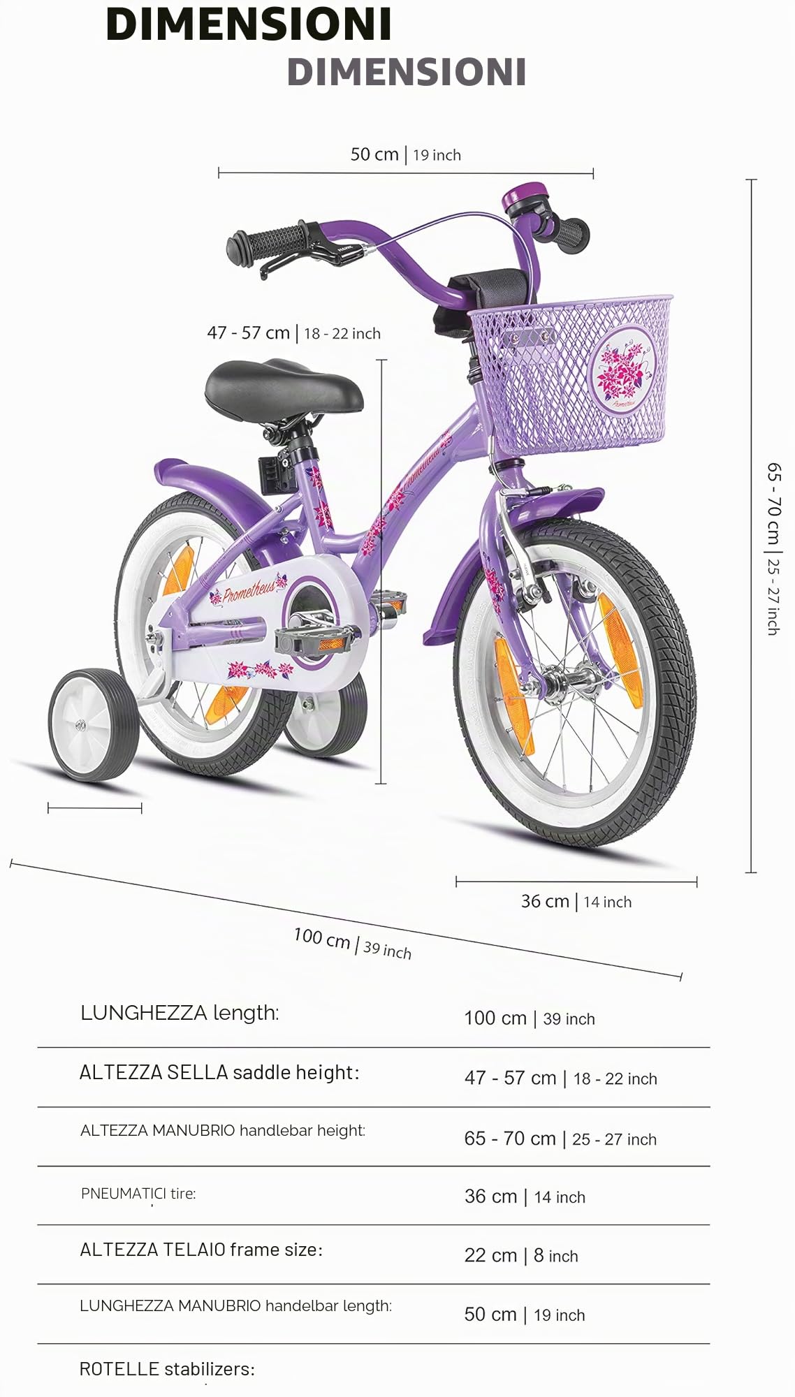 PROMETHEUS BICYCLES bicicletta bambina 4 anni bici per bambini bici bambina 14 pollici bimba con rotelle e freno contropedale Viola