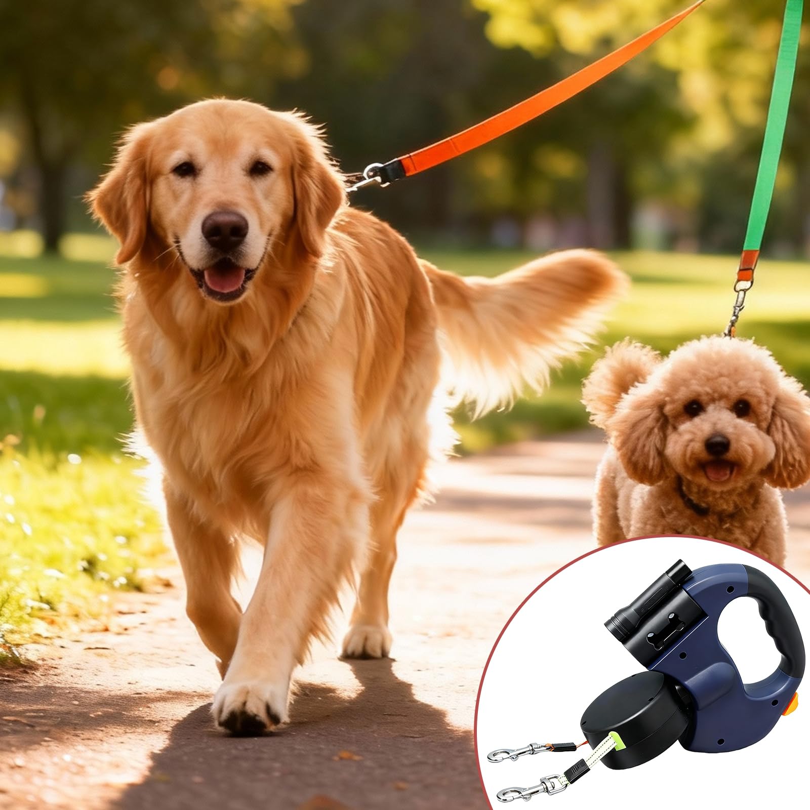 BAIFULAI Correa retráctil para 2 perros, correa doble de 3 m para 2 perros con luz, mango antideslizante, extensible, para perros pequeños y medianos (azul)