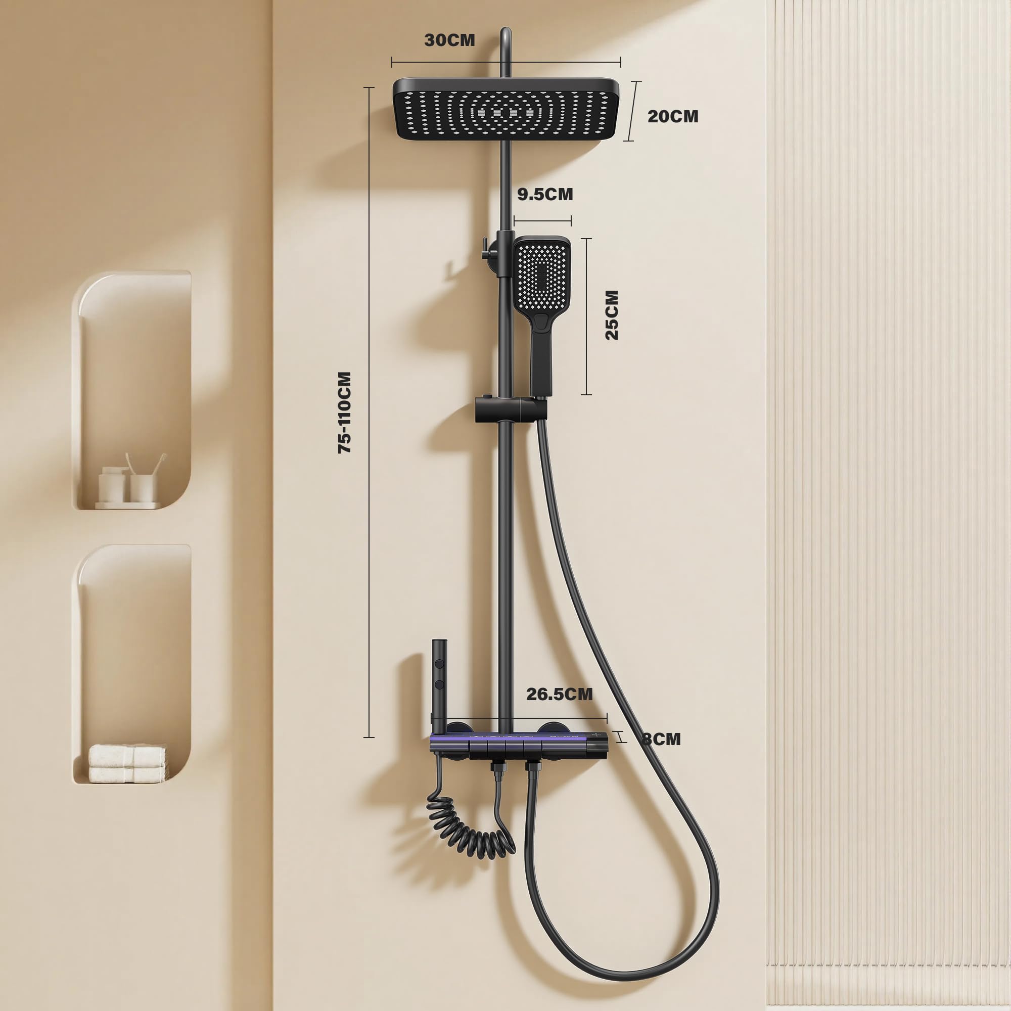STANEW Columna Ducha de Titanio Negro Con Cabezal Cuadrado,Pantalla LED,Columna de Ducha 4 Modos,Ducha de Mano con 3 Modos,Altura ajustable 70-110CM (Negro(Estrellas brillantes))