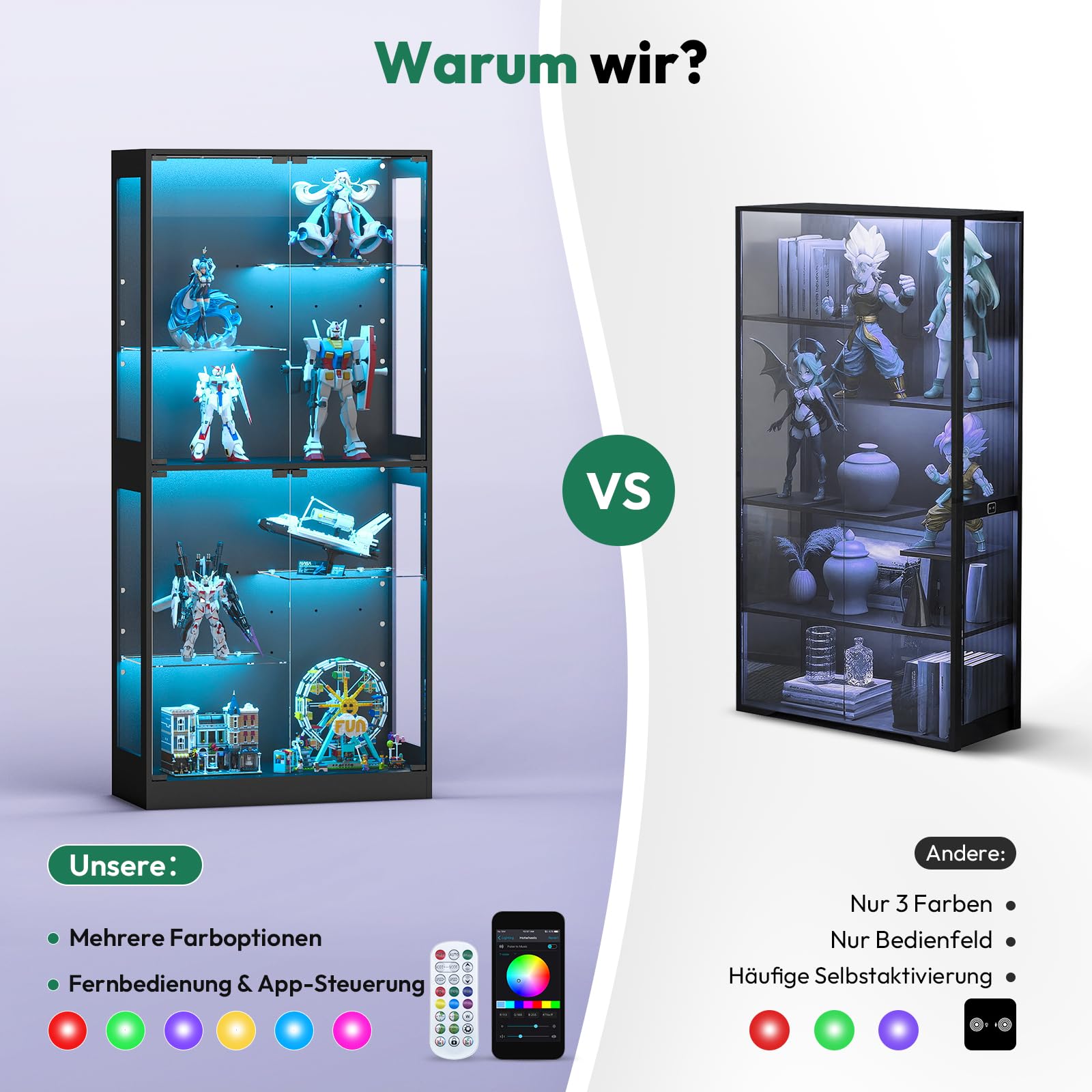 Lamtor Glasvitrinen Stehend mit LED Beleuchtung – 175 cm Glas Vitrinenschrank Wohnzimmer, Vitrine mit Verstellbares Regal, APP & Remote Control 6000+RGB (Schwarz)