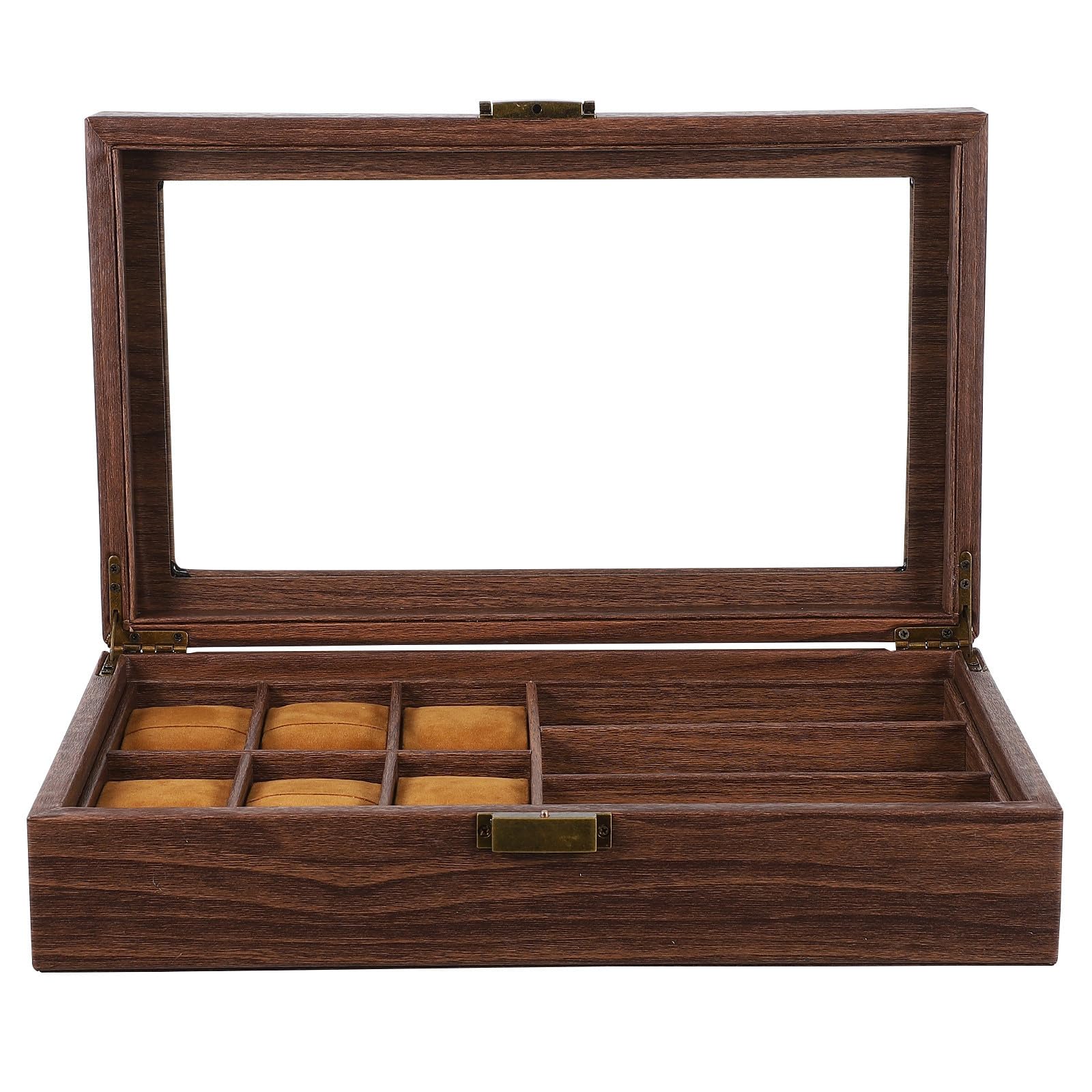 ABOOFAN Caja de Reloj de Madera 6 Compartimentos para Guardado | Organizador y Exhibidor, Espacio para Gafas de 3 Ranuras, Estilo Retro de Moda