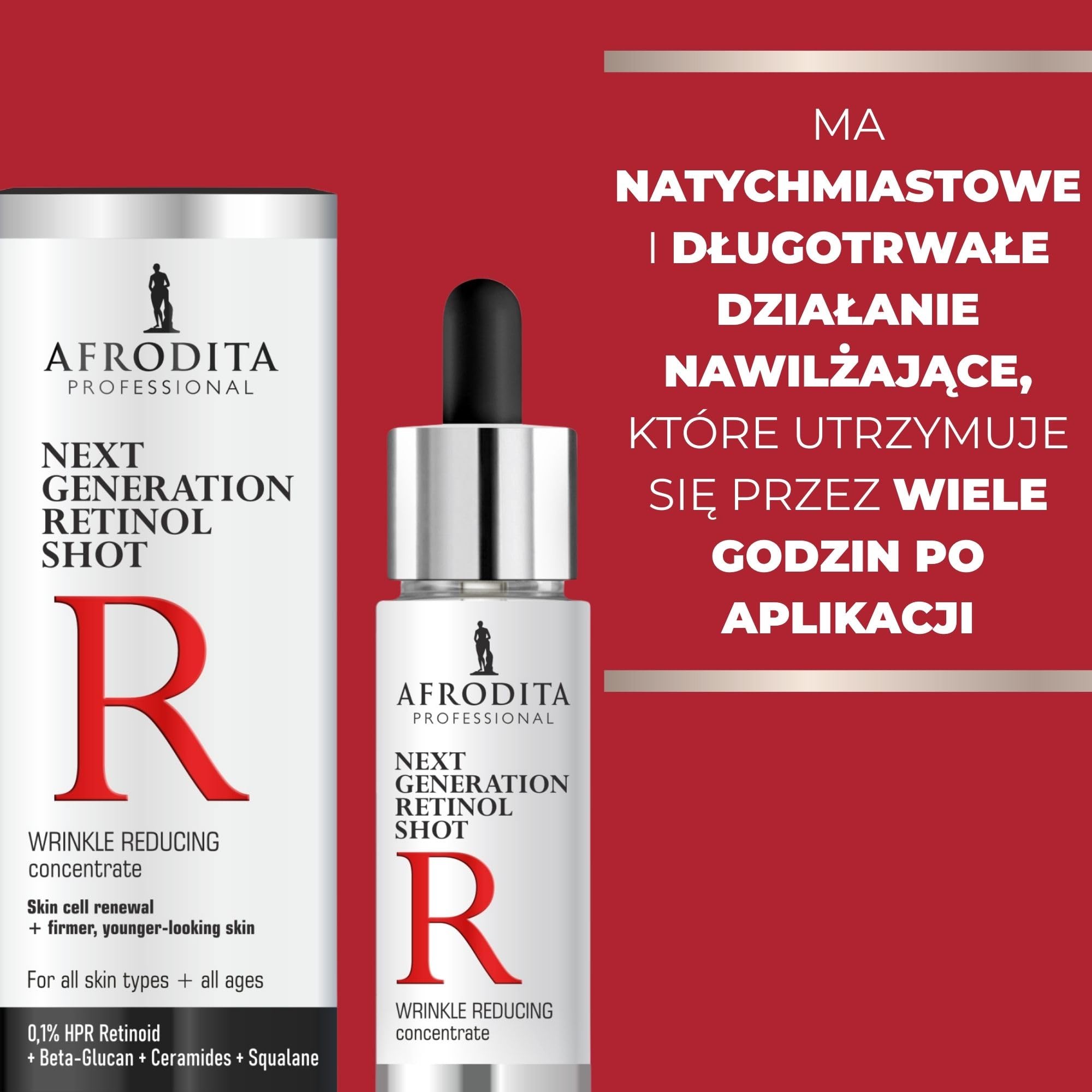 Afrodita Professional Next Generation Retinol Shot serum do twarzy 0,1% HPR retinoid, przeciwzmarszczkowe serum przeciw porom i plamom pigmentowym, z ceramidami beta-glukanem, skwalanem, bez perfum