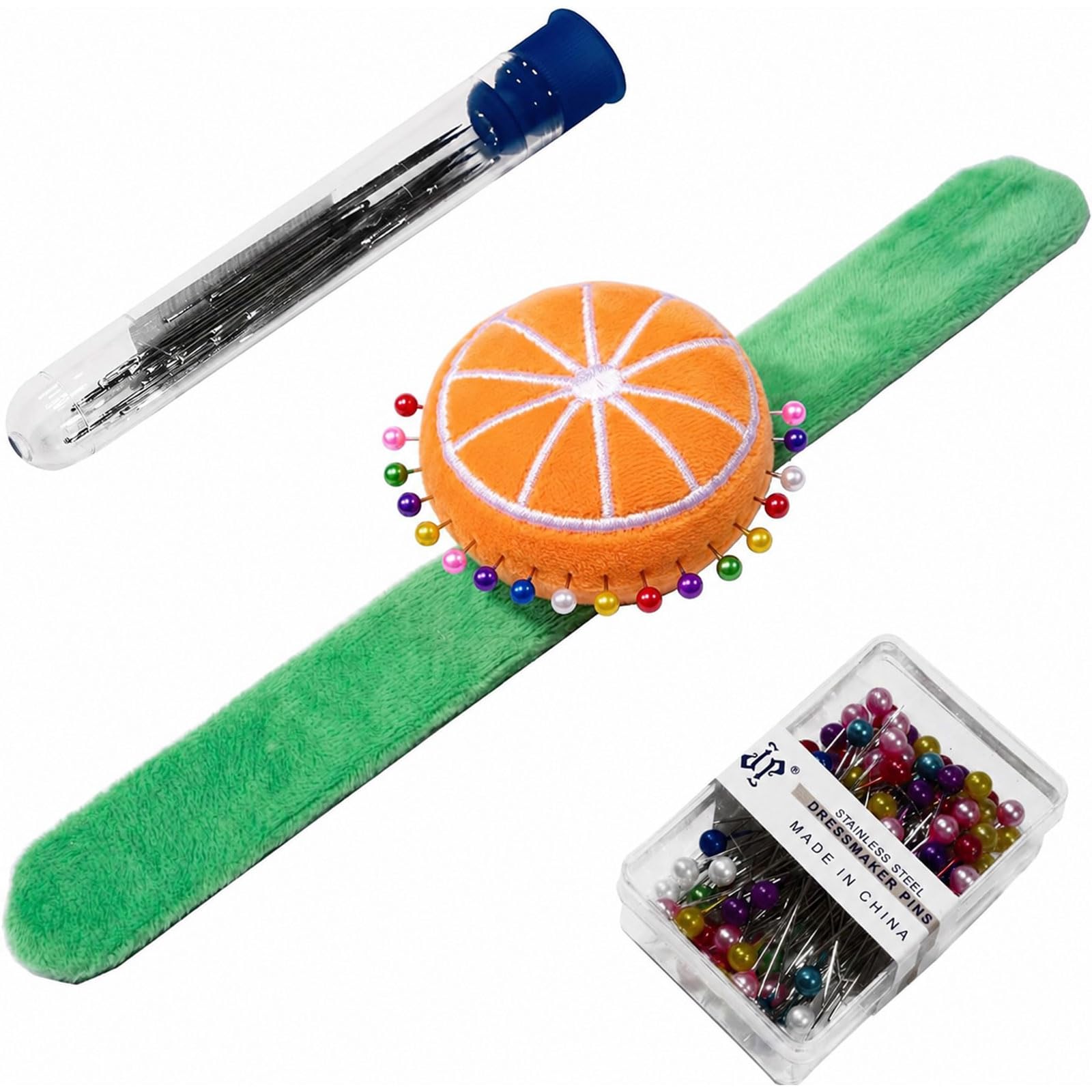 Creawonder Women's Orange Wrist Pin Cushion For Sewing, Snap Bracelet Wrist Bands Pincushion Organizer For Pins And Needles Include 80 Pearl Ballhead Pins And 18 Sewing Needles
