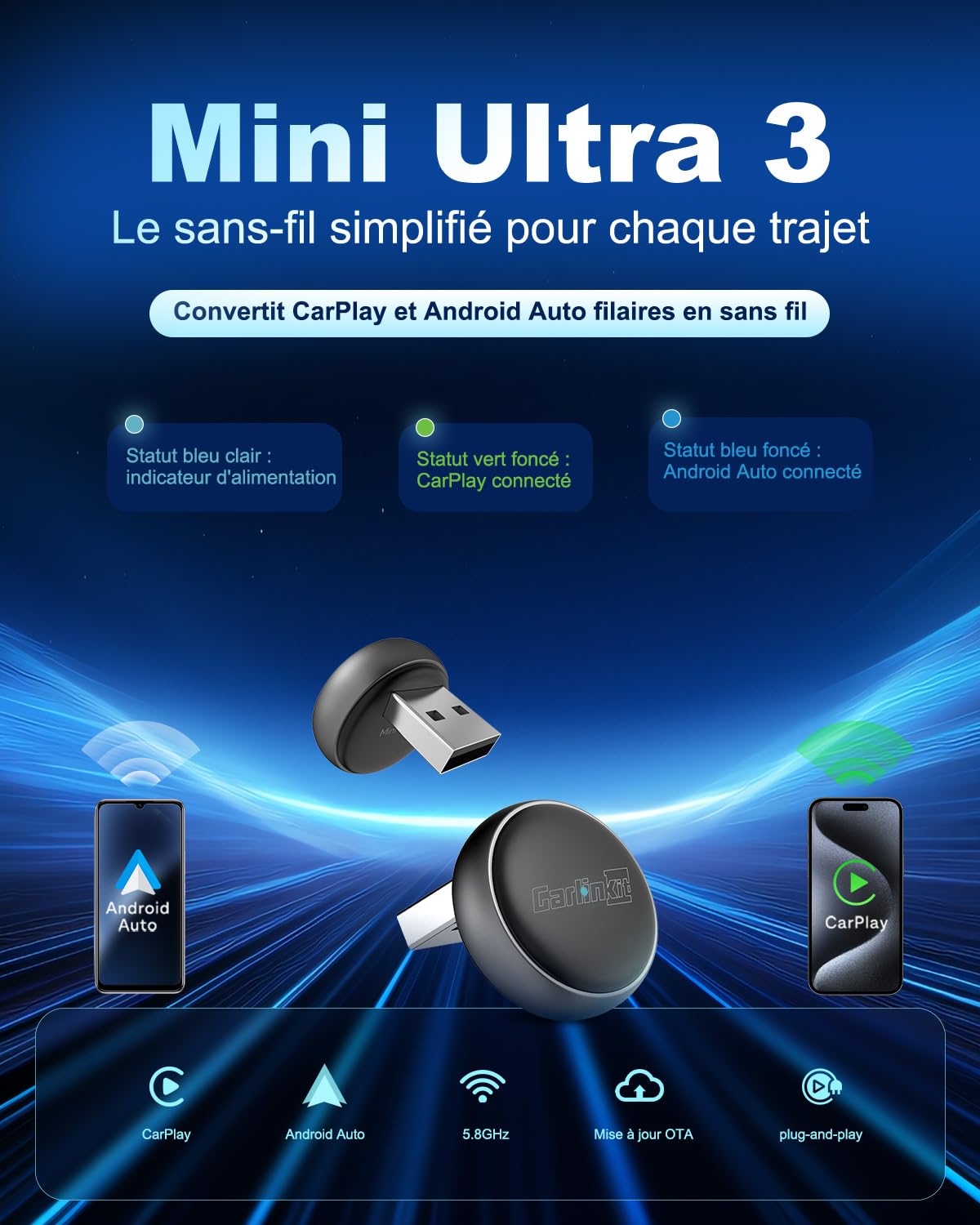 Carlinkit Adaptateur automatique sans fil CarPlay et Android – Mini Ultra 3 Convertir OEM filaire vers dongle sans fil pour iPhone et Android 11+, USB-A/Type-C Plug & Play, connexion rapide, mise à