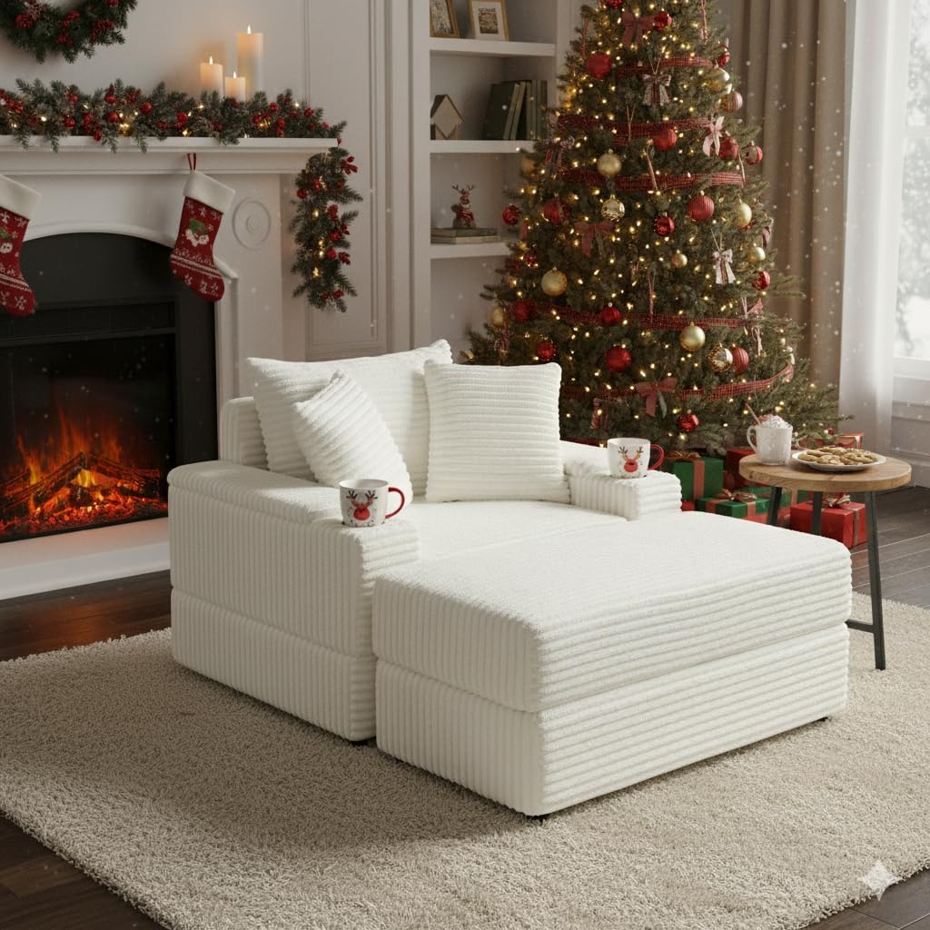 Oversized Indoor Lounge Chaise Chair with Ottoman, Wide Corduroy Upholstered Sofa Chaise Pocket Spring Cushion, Cozy Living Room Chair with Storage Armrest & Cupholders (Beige)