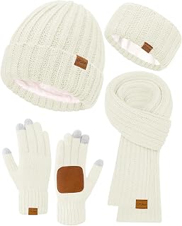 Women Winter Beanie Hat Scarf Gloves Headband Set, Fleece Lined Hat Ear Warmer Knit Long Scarf Touchscreen Gloves 4 Gift Set