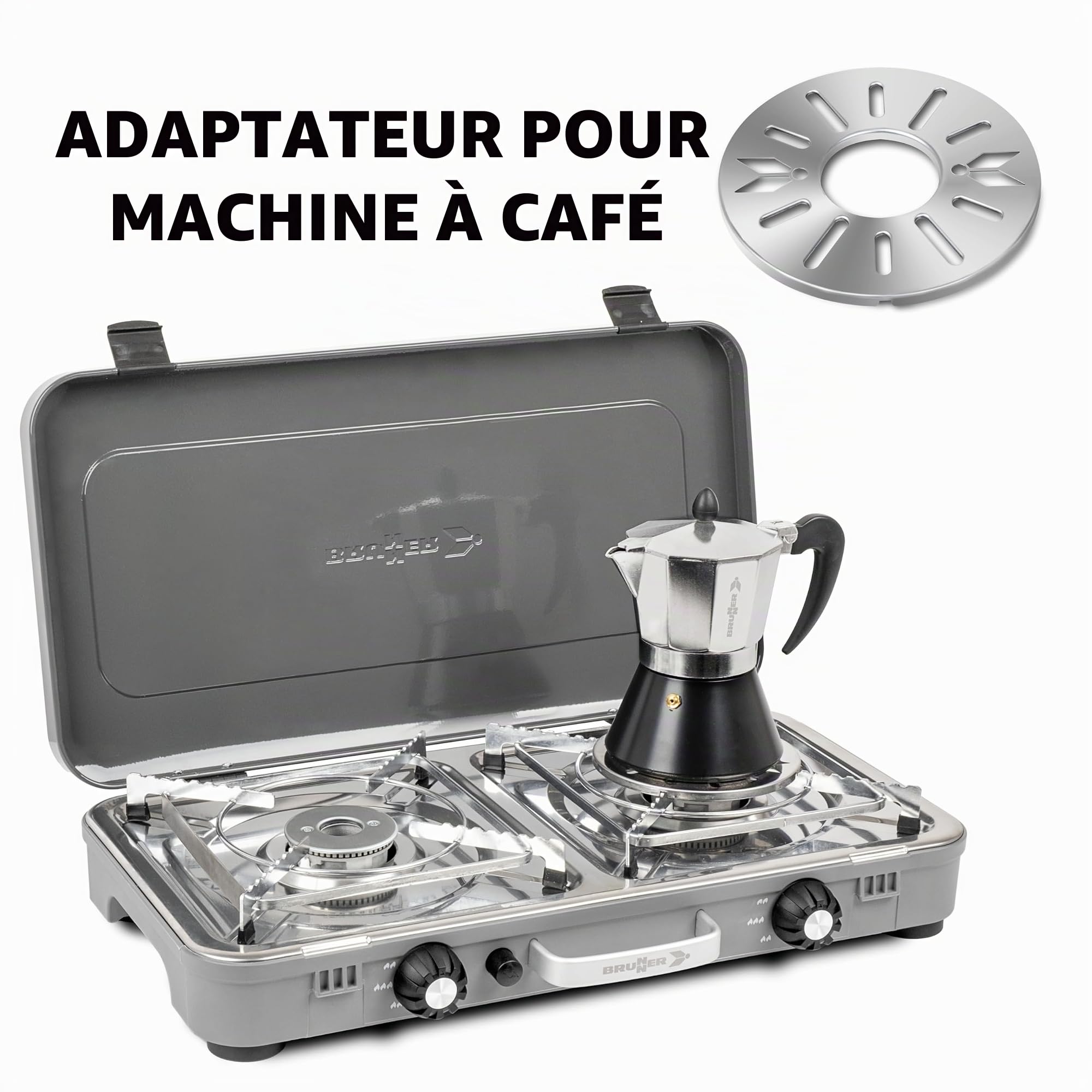 Brunner Cuisinière à gaz DEVIL KOOKMASTER GP - Double brûleur de 2,4 kW, allumage piézoélectrique, couvercle et poignée de transport, avec plaque lisse/rayée, 30mbar - Parfait pour la cuisine