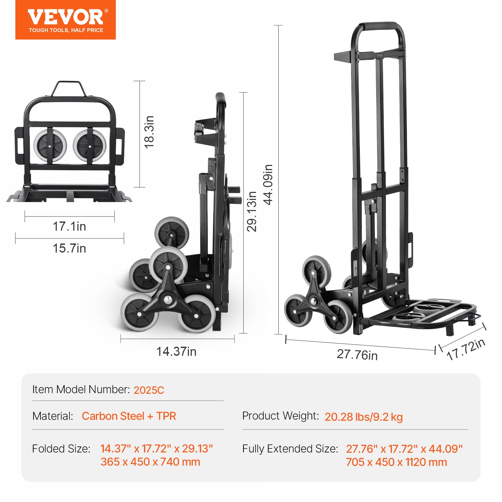 VEVOR Wózek schodowy 208 kg składany ręczny wózek schodowy z podwójnym uchwytem, 6 kół, 2 elastyczne liny, do transportu, magazynu, lotniska, centrum handlowego, przeprowadzki, biura, Czarny (Black),