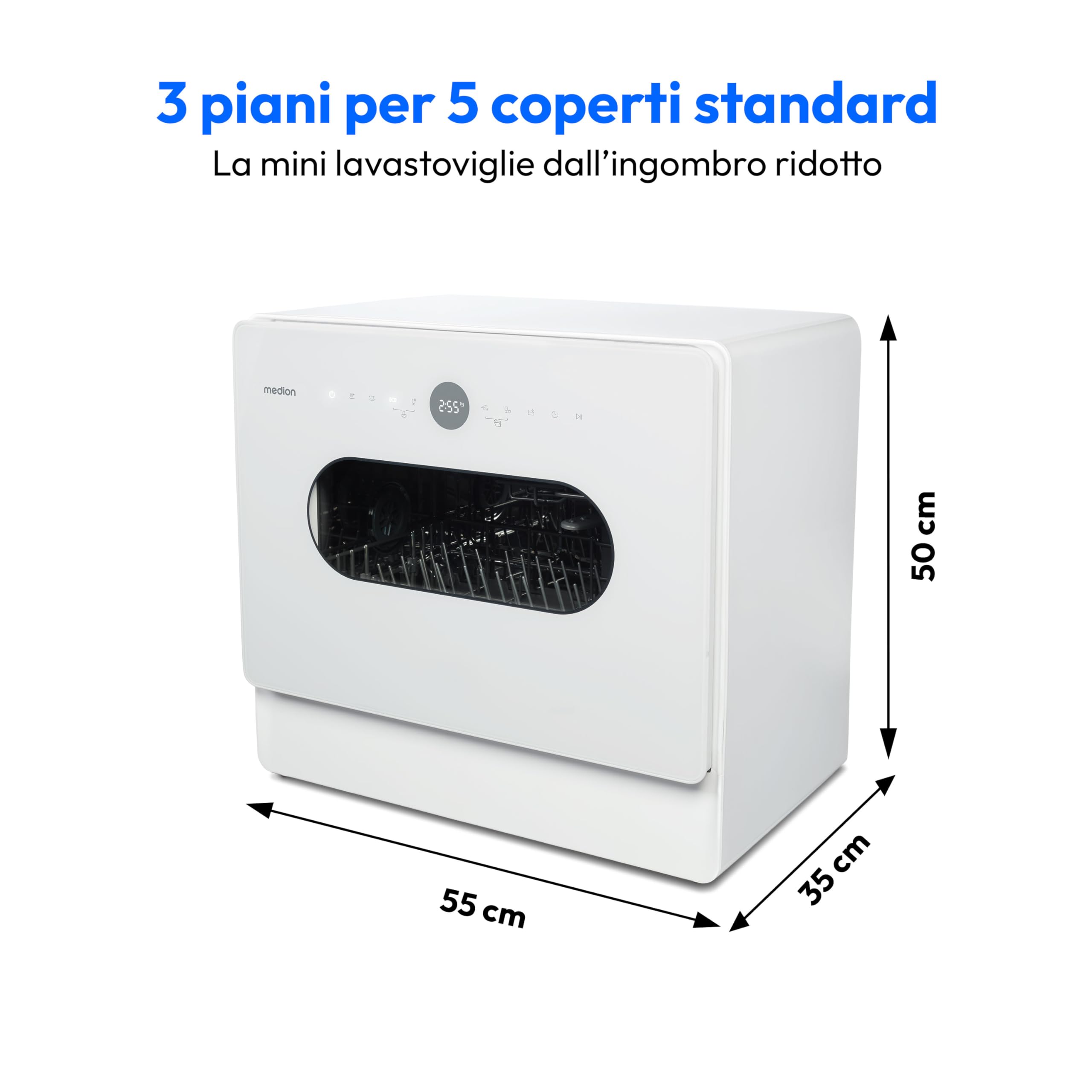 MEDION Mini Dishwasher DWT51 (lavastoviglie da tavolo con pannello di controllo a sfioramento, funzione secchio, 5 coperti, funziona con/senza collegamento all'acqua, 7 programmi di pulizia