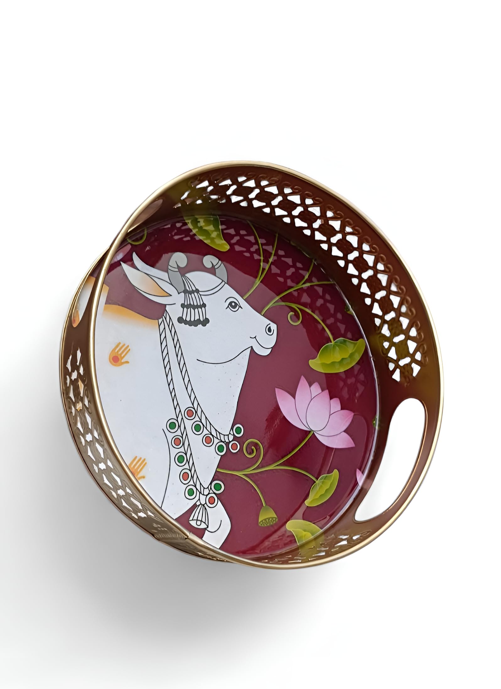 8 Inch Decorative Metal Serving Tray with Sacred Cow & Lotus Artwork | Pichwai Design Round Tray for Pooja, Festive Gifts, Snacks | Resin Coated, Gold Finish 2