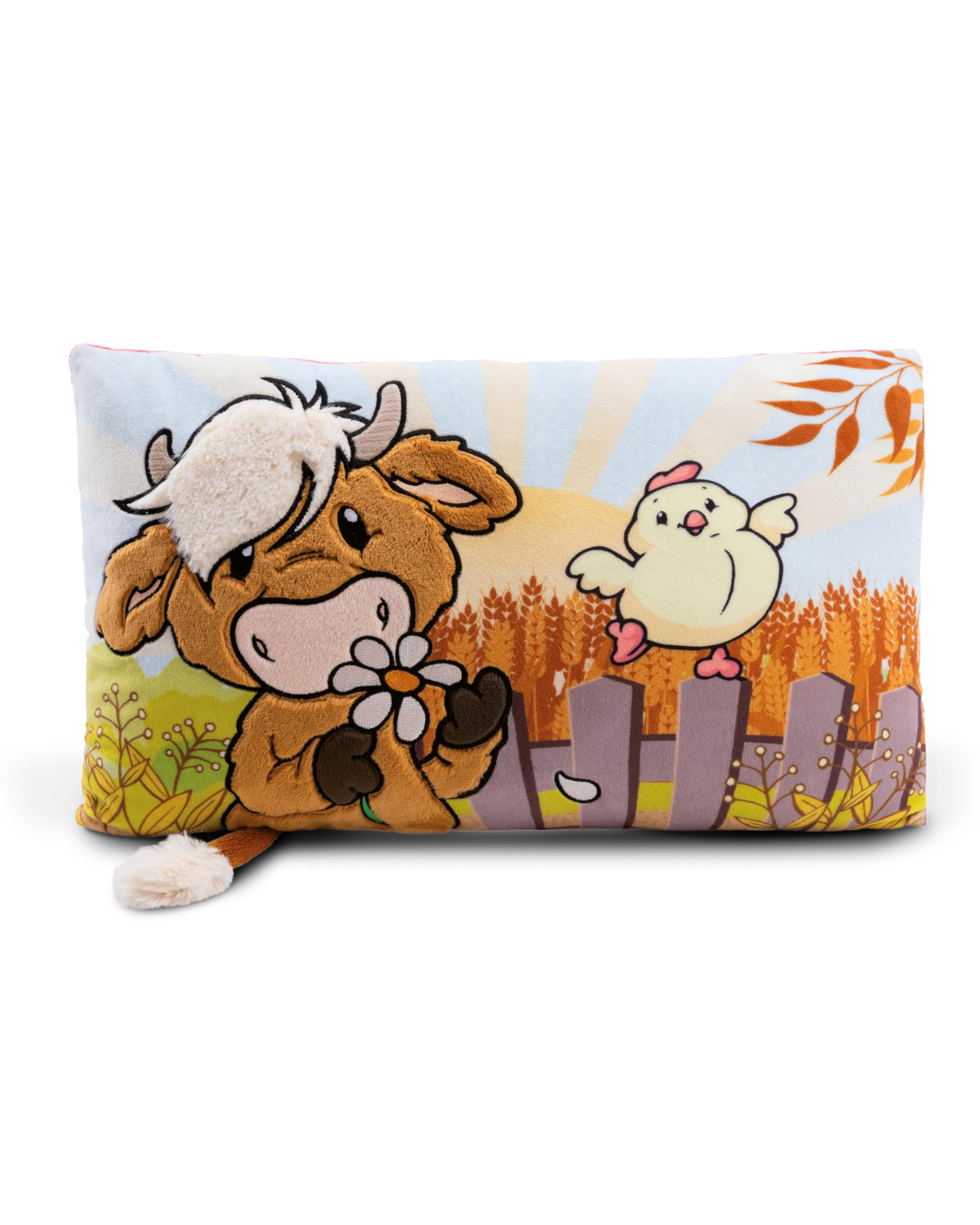 NICI Kinder Kissen Hochlandrind McMooray & Küken Eggwina 43x25cm weiß - Flauschiges NICI Kuschelkissen für Kinder, Babys & Kuscheltierliebhaber: ideal für Zuhause, Kindergarten oder unterwegs - 61120