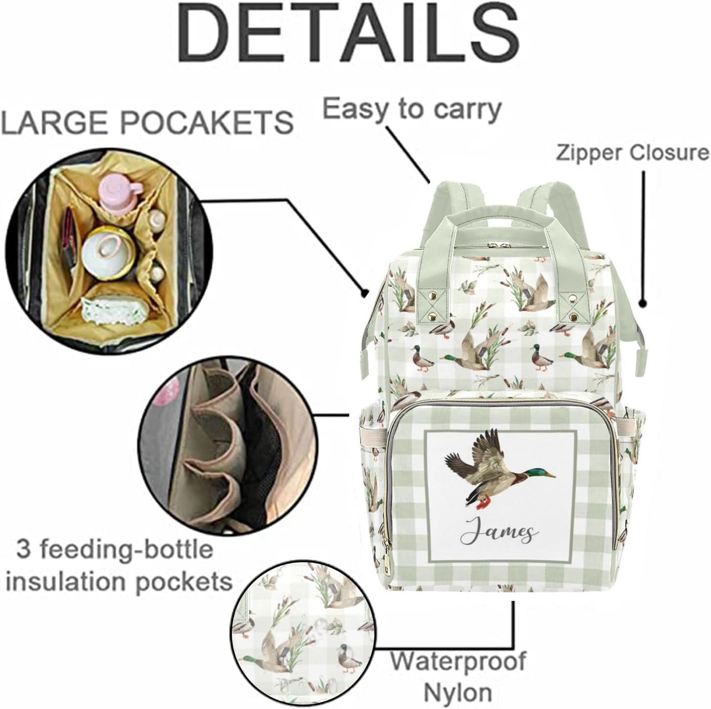Custom Wild Ducks Diaper Bag for Women, Personalized Name Multifunction Nylon Nursing Mommy Daypack with Large Capacity for Travel, Birthday Mother Gift