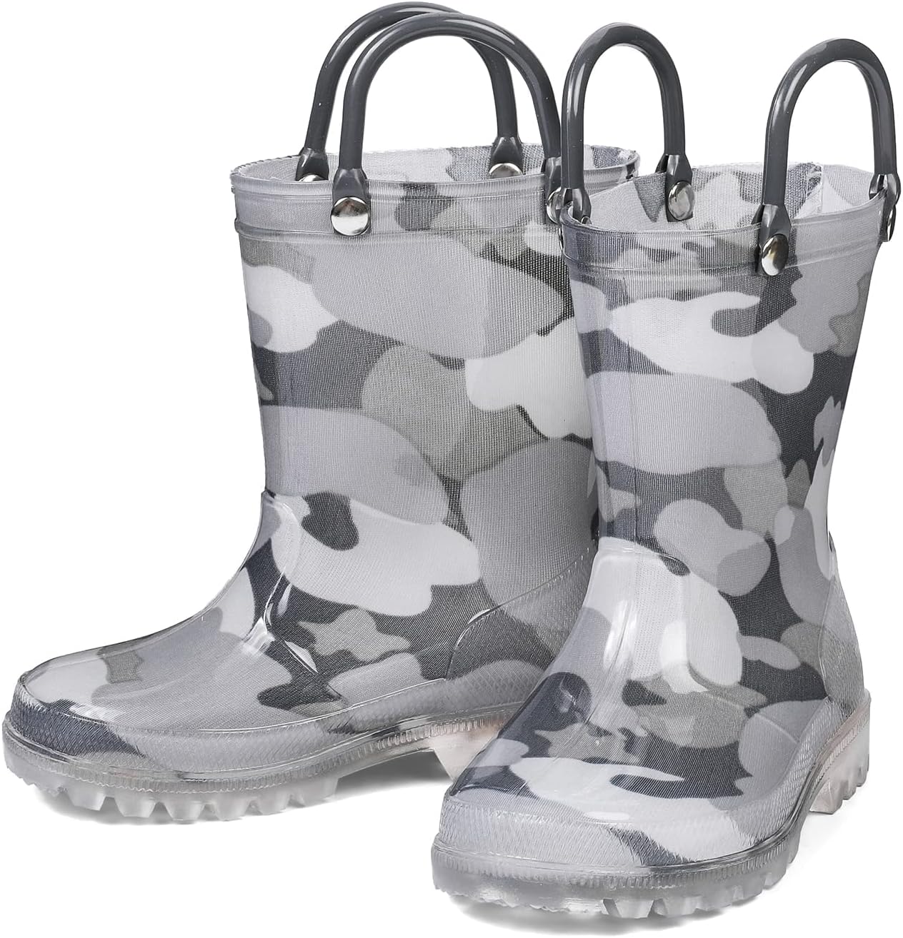 DKSUKO Toddler Light Up Rain Boots Waterprof Rubber Boots with Easy-on Handles(7 toddler,Grey Camouflage)