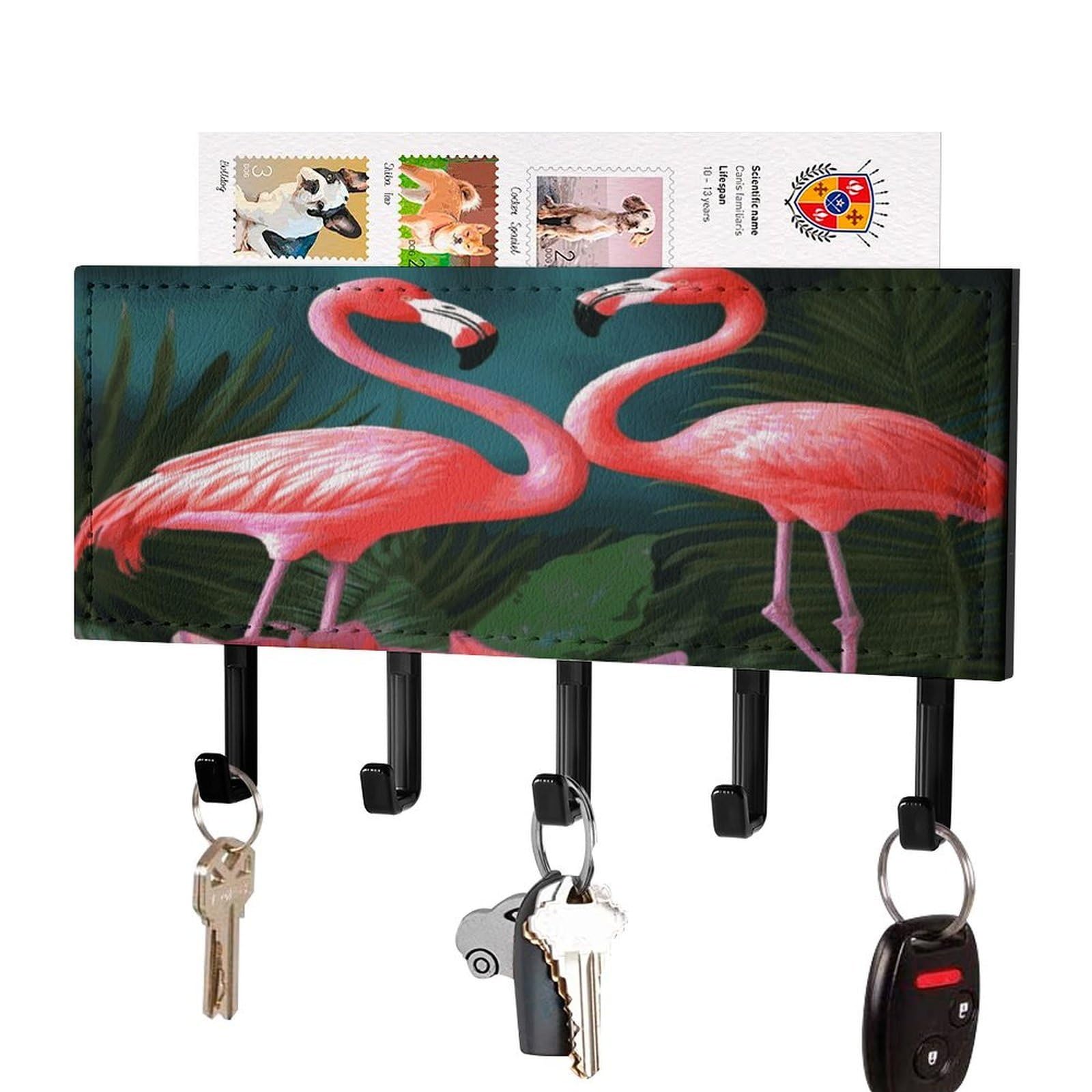 FekiLoot Flamingo Flowers Key Holder Wall Mount Key and Mail Holder Key Hanger with 5 Hooks Decorative PU Key Rack Hanging Key Hooks for Wall Living Room Kitchen Bathroom Hallway Black-Style