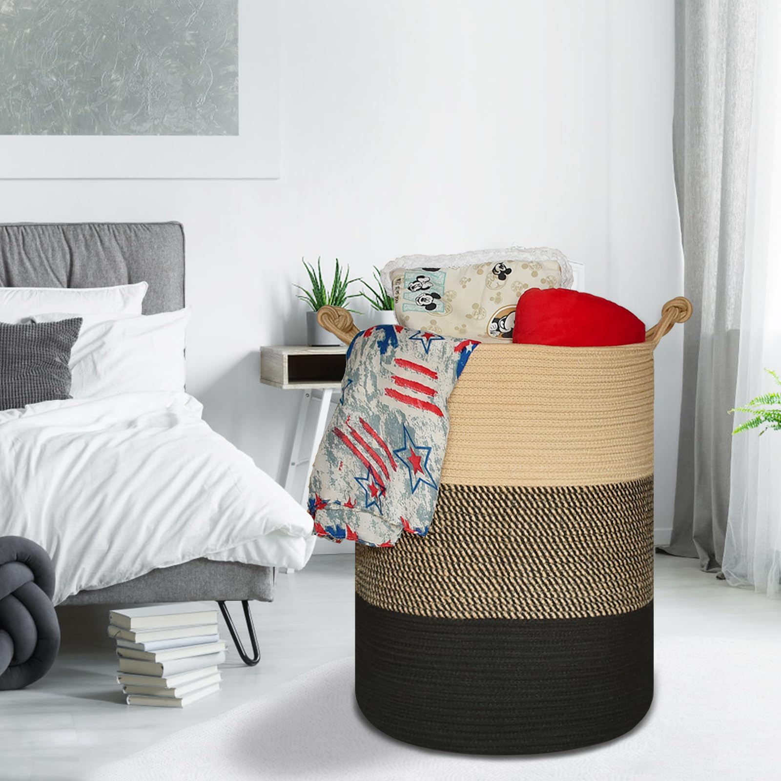 COMSE Extra Large Blanket Basket, Tall Woven Storage Basket, Nursery Hamper, 15.7”x 21.7”, Cotton Rope Laundry Hamper for Toys Clothes Towels, Brown/Black