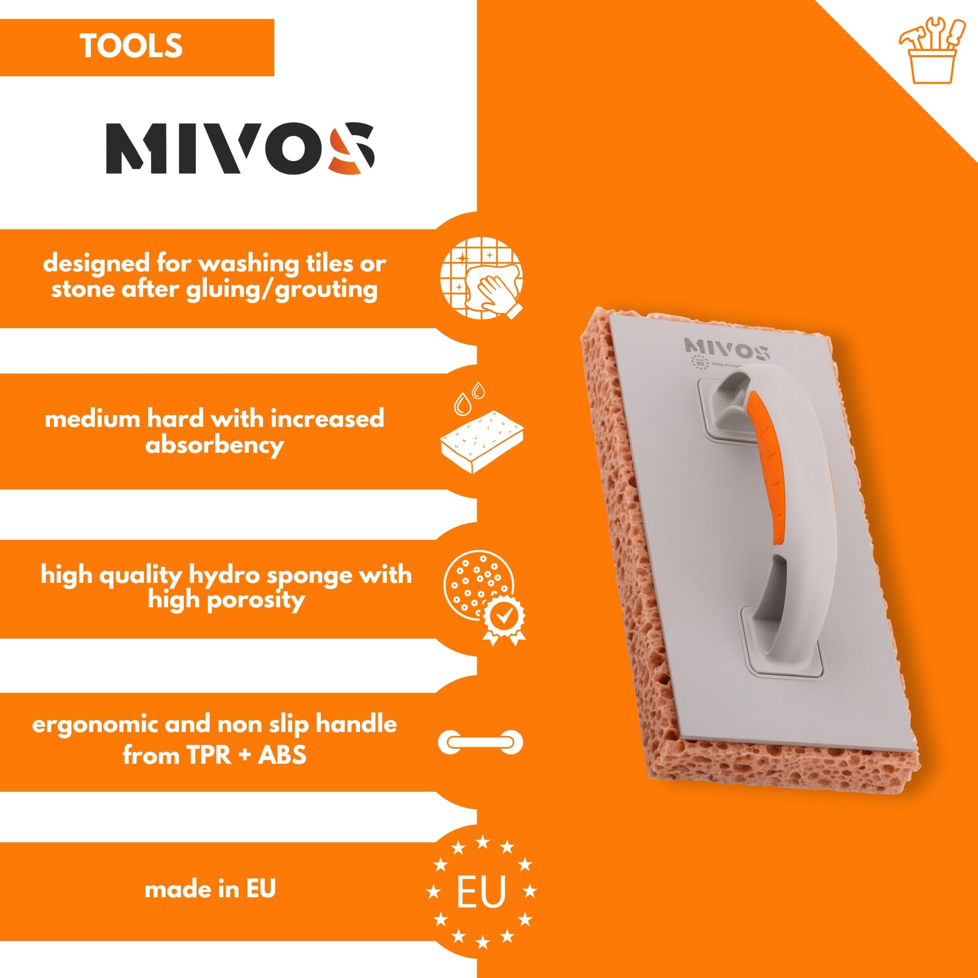 MIVOS Tile Wash Board with 30 mm Hydro Sponge Coating, Coarse Pore, Brown, 280 x 140 mm - Image 2