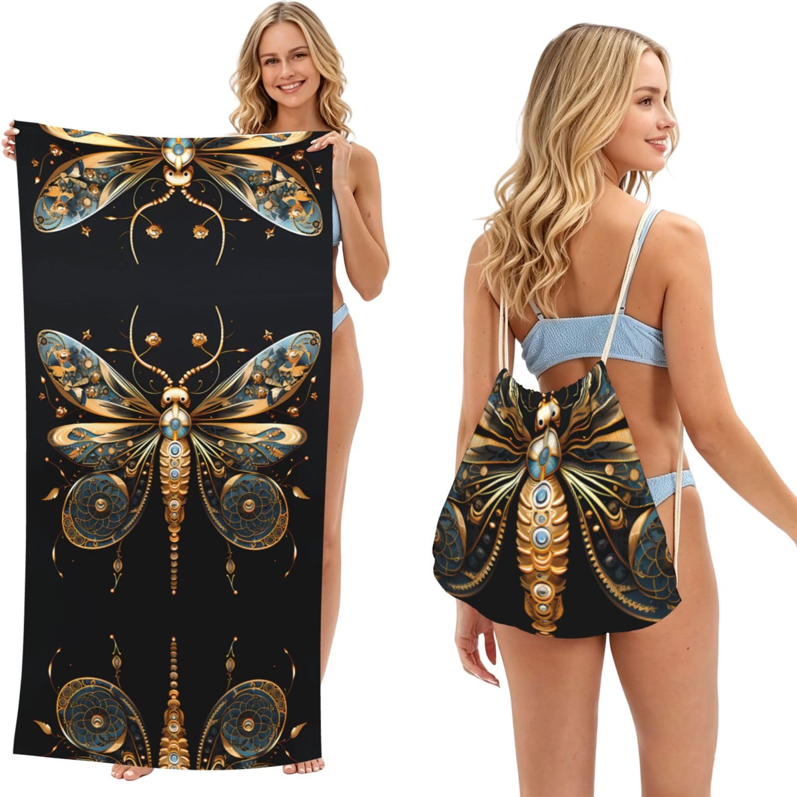 SXZVVBN Golden Delicate Dragonfly on Black Background 2-in-1 Beach Towel Bag, Quick Dry Sand Free Travel Towel Backpack for Adults