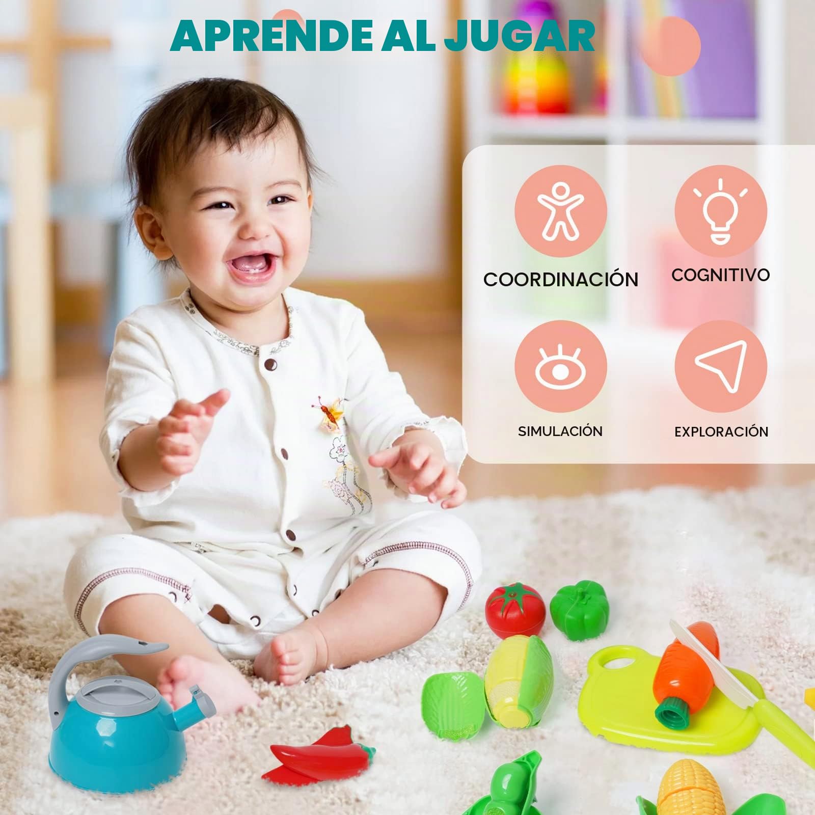 Juguetes de Cocina para niños Accesorios, 61 Piezas Utensilios Cocina Juguete con Ollas y Sartenes, Frutas y Verduras para Cortar, Juego de Roles de Chef Infantil, Regalo para Niñas Niños 3 4 5 Años
