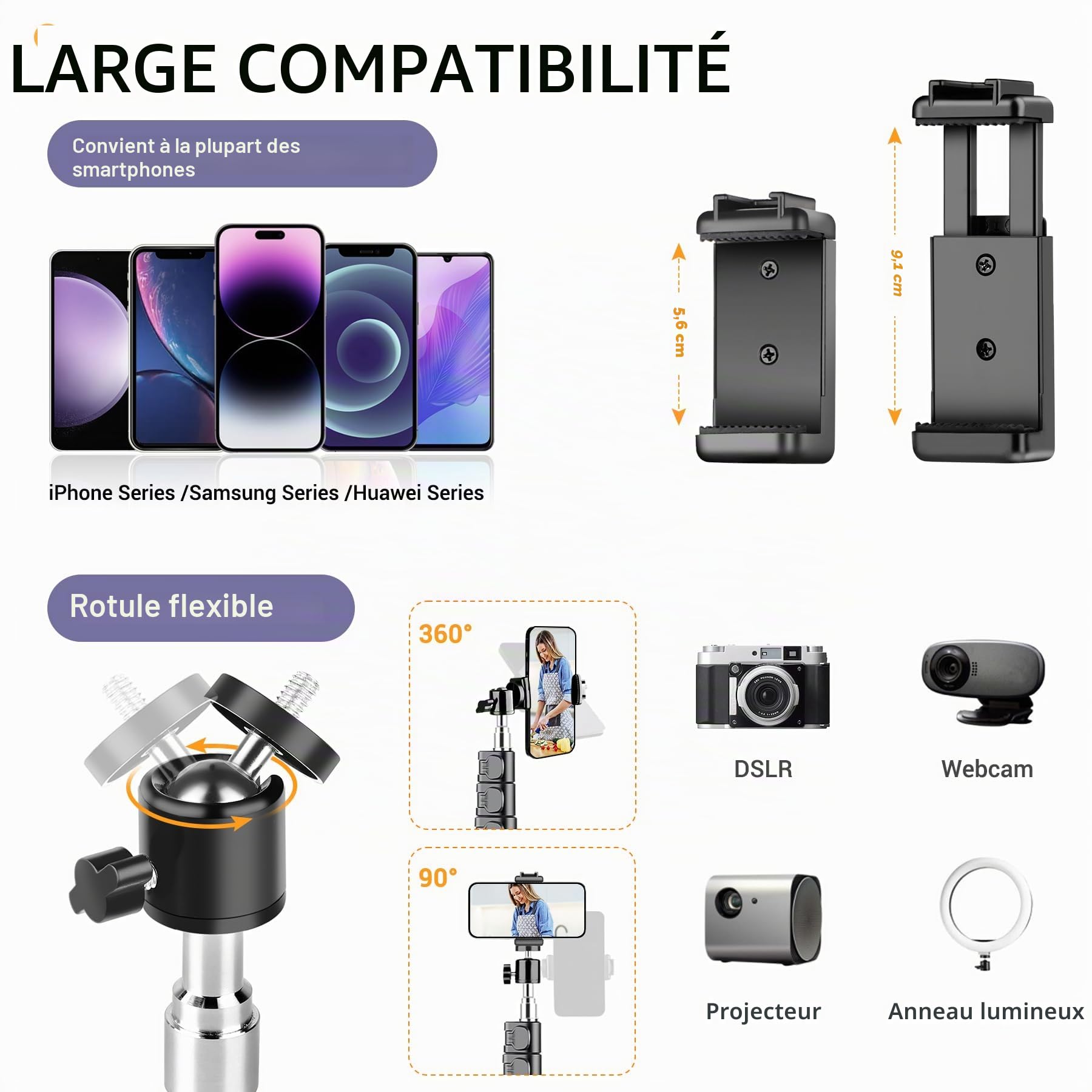 Victiv 224cm Haute Trepied Smartphone, Trépied Téléphone en Aluminium avec Col de Cygne Réglable, Télécommande, Support Telephone, Extensible Trépieds Appareil Photo avec Rotule à 360° pour DSLR Canon
