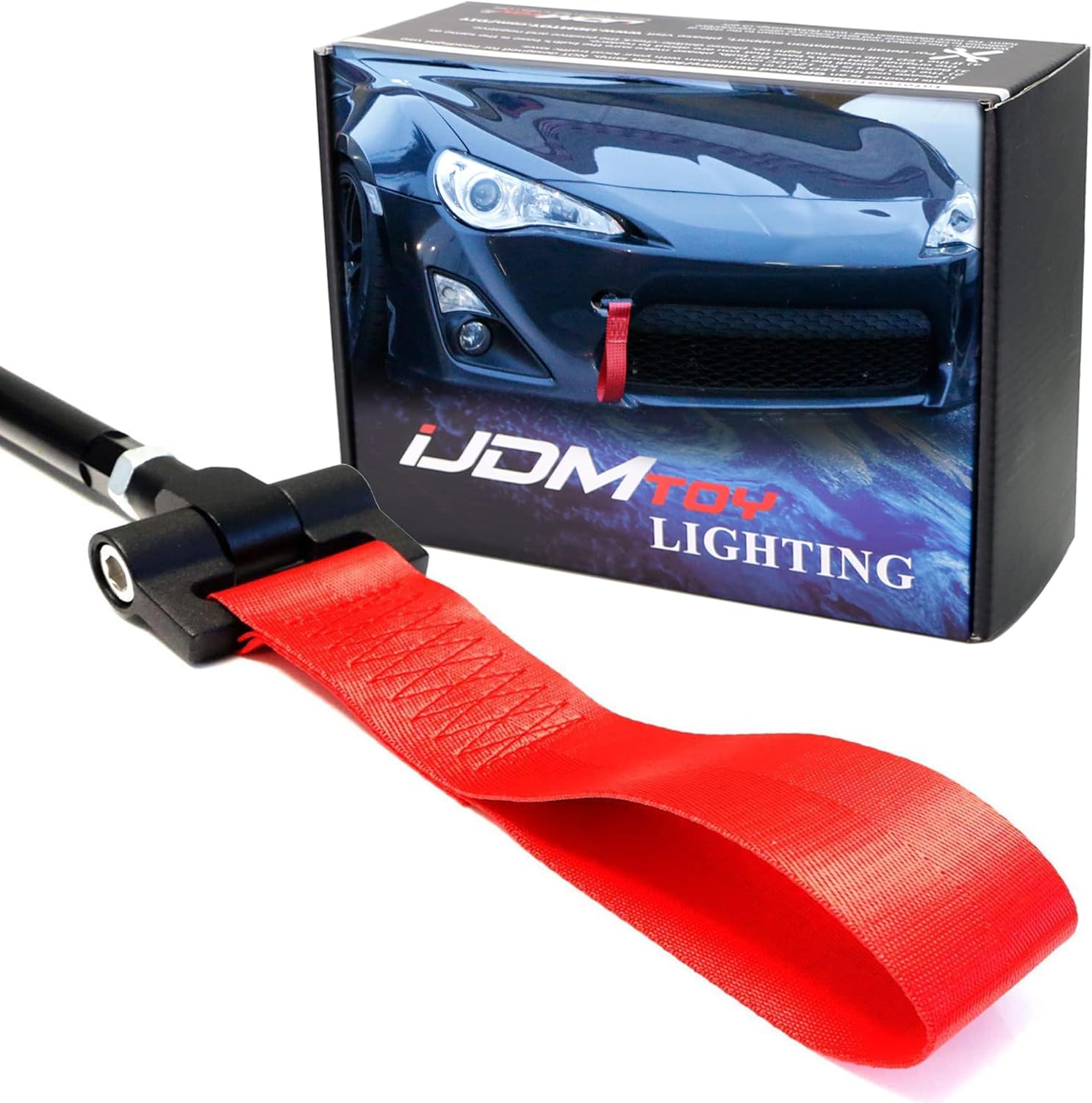 iJDMTOY Track Racing Style Red Towing Strap Compatible with Subaru BRZ Impreza WRX STI Scion FR-S Toyota 86, Tow Hole Adapter Mounted Nylon Loop Hook