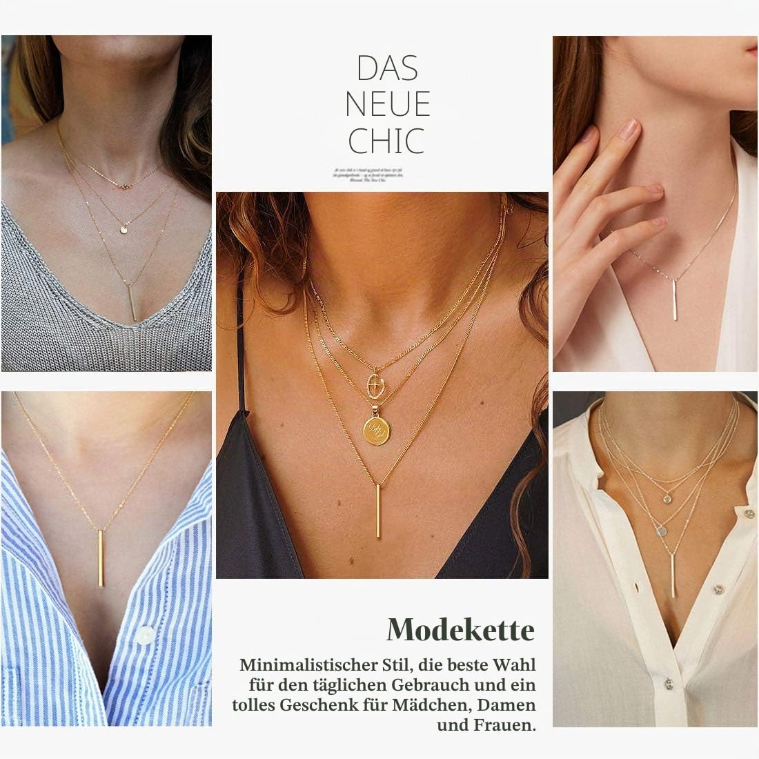 ChicSilver 18K Gold Plated Bar Halskette Minimalistischer Stab Anhänger an Einer zarten Rolo Kette Damen Mädchen Boho Schmuck Geschenk für Freundin