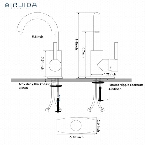 Miniatura 5 de Airuida Grifo de fregadero de barra de un solo agujero, grifo de fregadero de baño de una sola manija, grifo de cocina pequeño de preparación húmeda