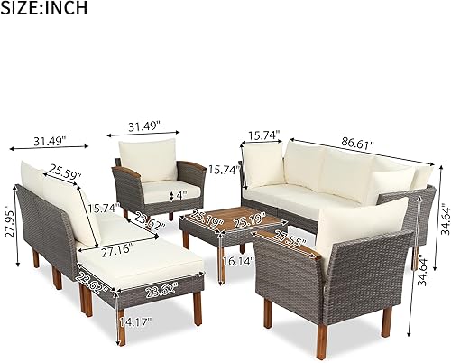 Miniatura 3 de Juego de conversación al aire libre con patas de madera de acacia y mesa, juego de muebles de ratán de patio de 9 piezas con mesa de centro y