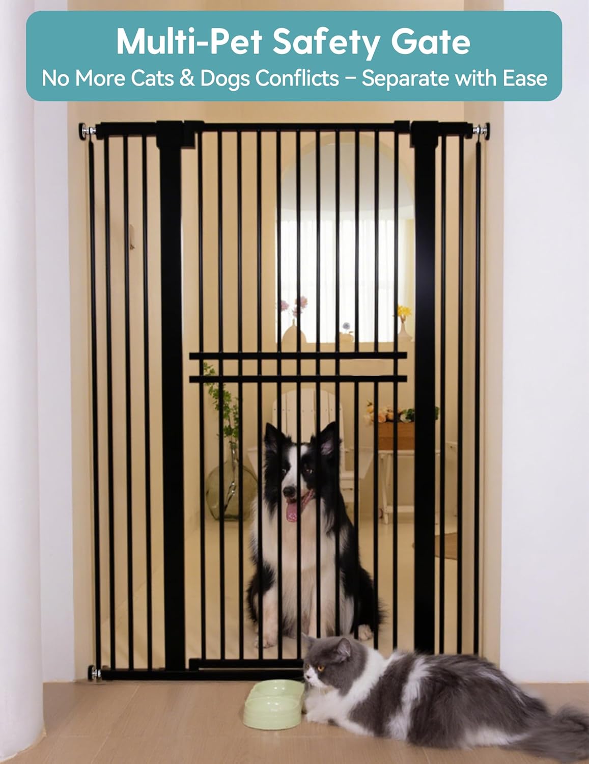 No Pawblems 55" Extra Tall Pet Gate for Cat/Dog, 29-40" Wide Auto Close Tall Dog Gate for Doorways/Hallways, 1.37" Ultra Narrow Spacing, NO Drilling Pressure Mounted, Black Black - S10 55" Tall, 29-40" Wide