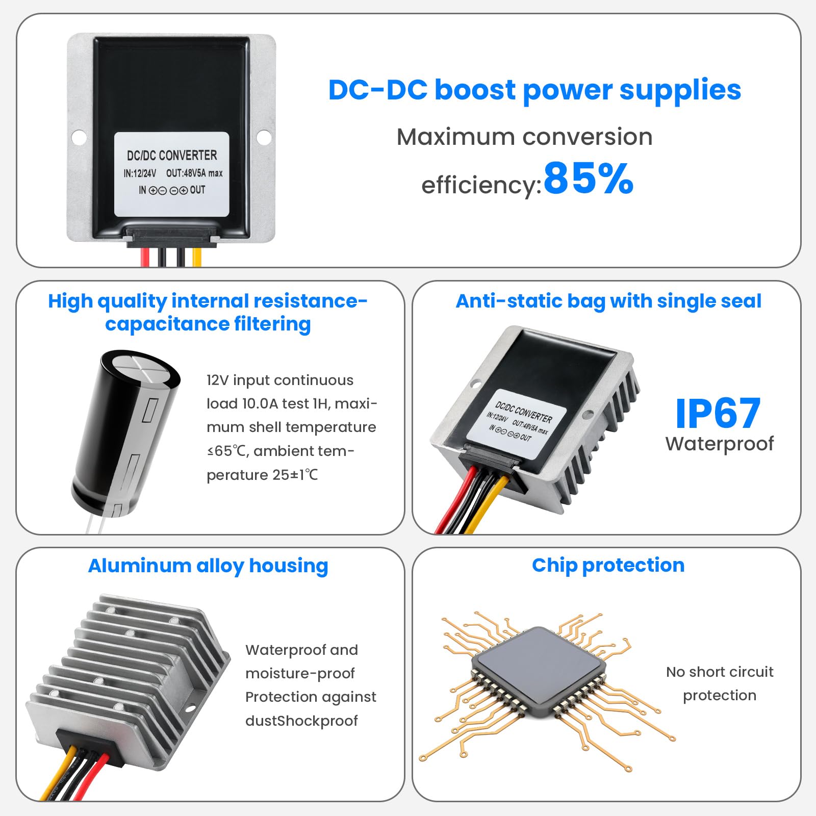 Convertidor de Voltaje DC/DC 12V a 48V 5A 240W Elevador de Tensión Impermeable IP67