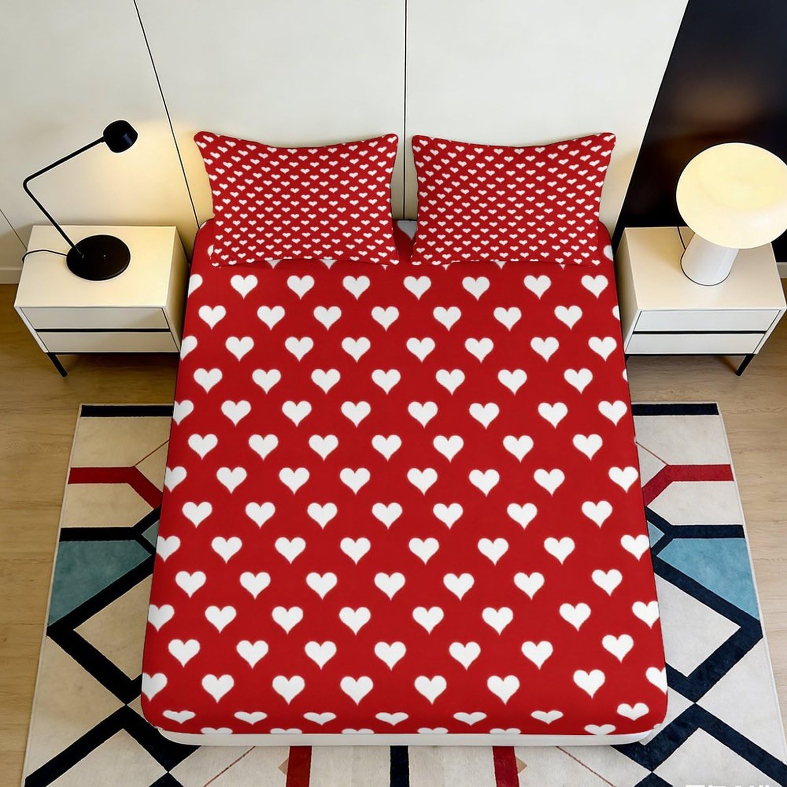 3D Printed Red Heart Pattern Fitted Sheet Microfiber Anti-Slip Bed Sheet for Bedroom Guestroom Mattress Protection 90x200x25cm