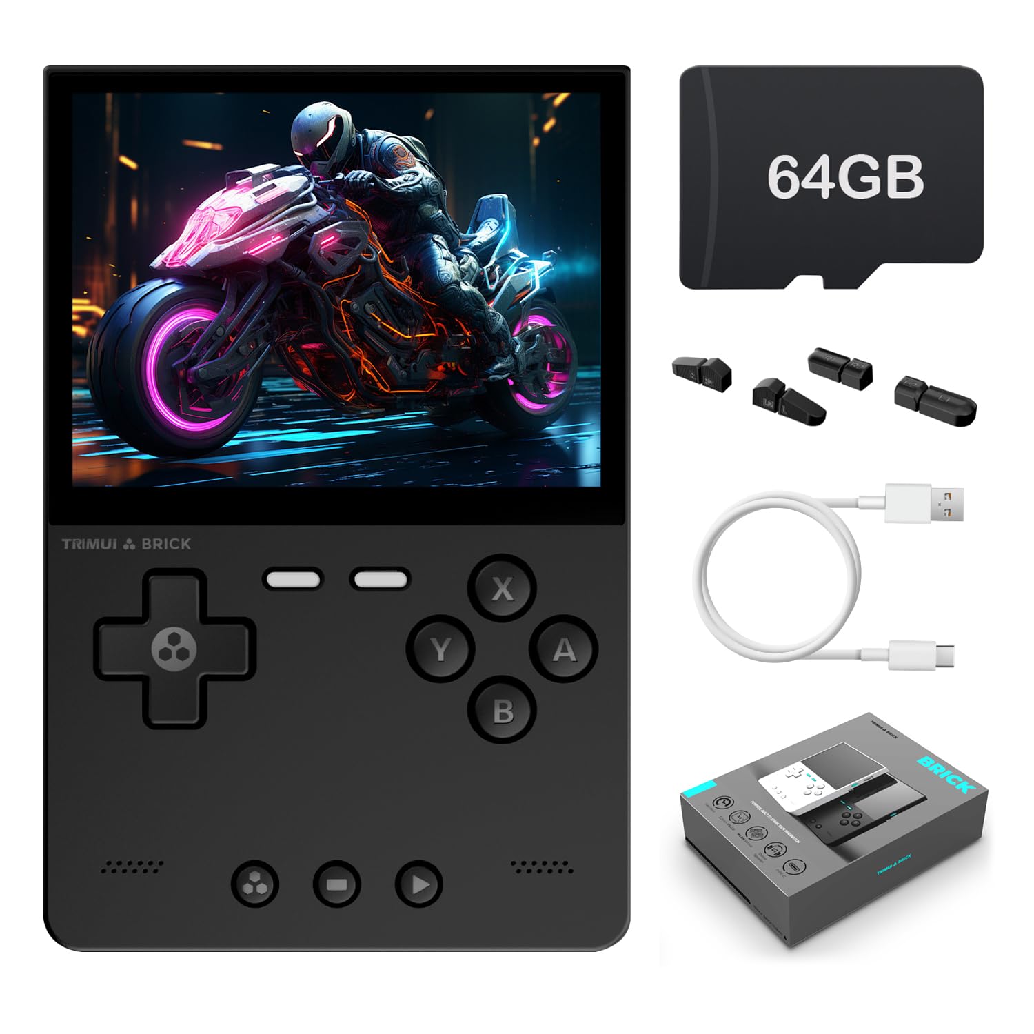 Trimui Brick - Consola de juegos portátil con pantalla de 8.1 cm, pantalla IPS de 1024 x 768 pulgadas, soporta múltiples simuladores, sistema Linux integrado, tarjeta TF de 64 G, color negro