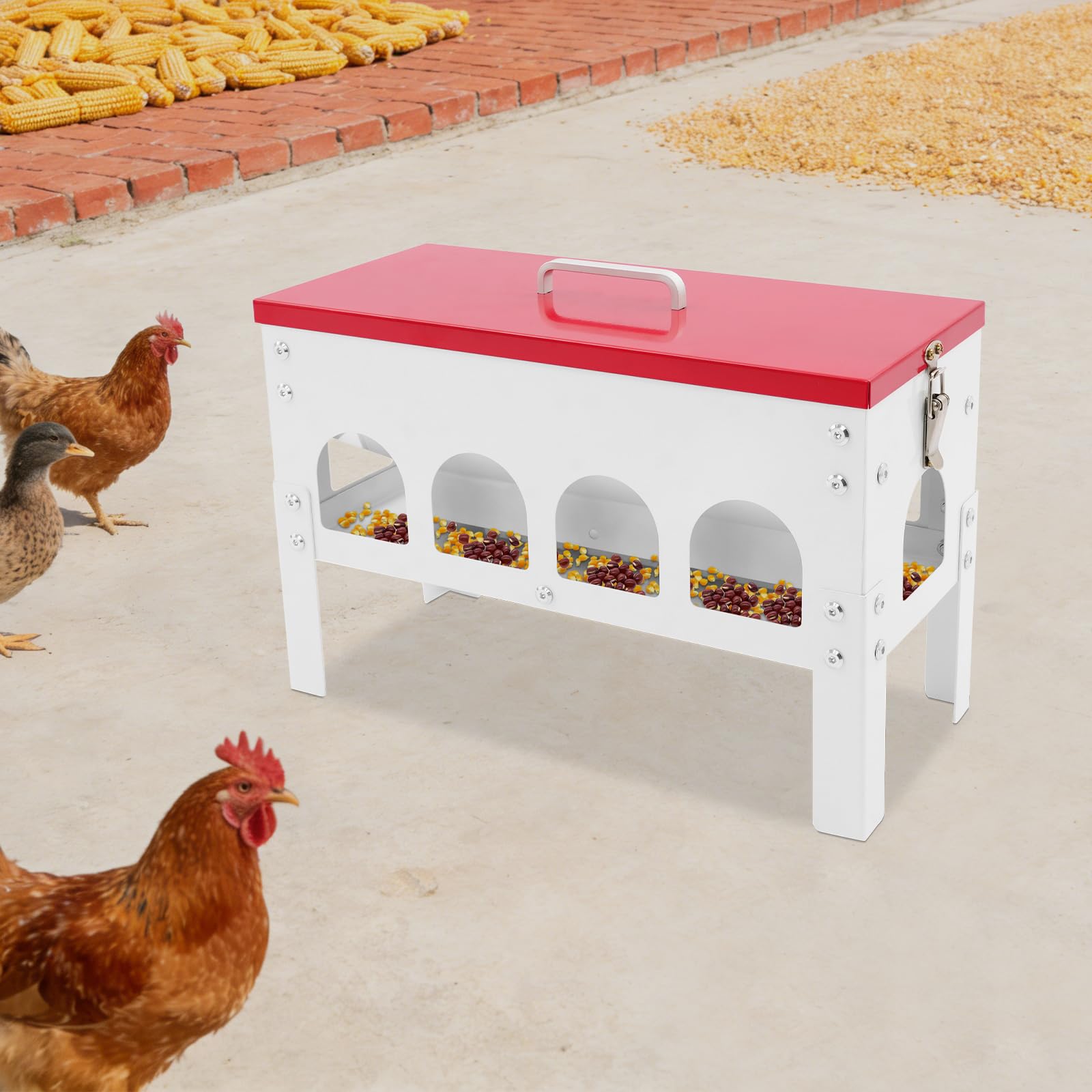 Comedero automático para pollos, 10 L, hierro, bebedero automático para pollos con 10 puntos de alimentación y tapa, accesorio grande para gallinas, comederos para aves de corral, pollos, patos