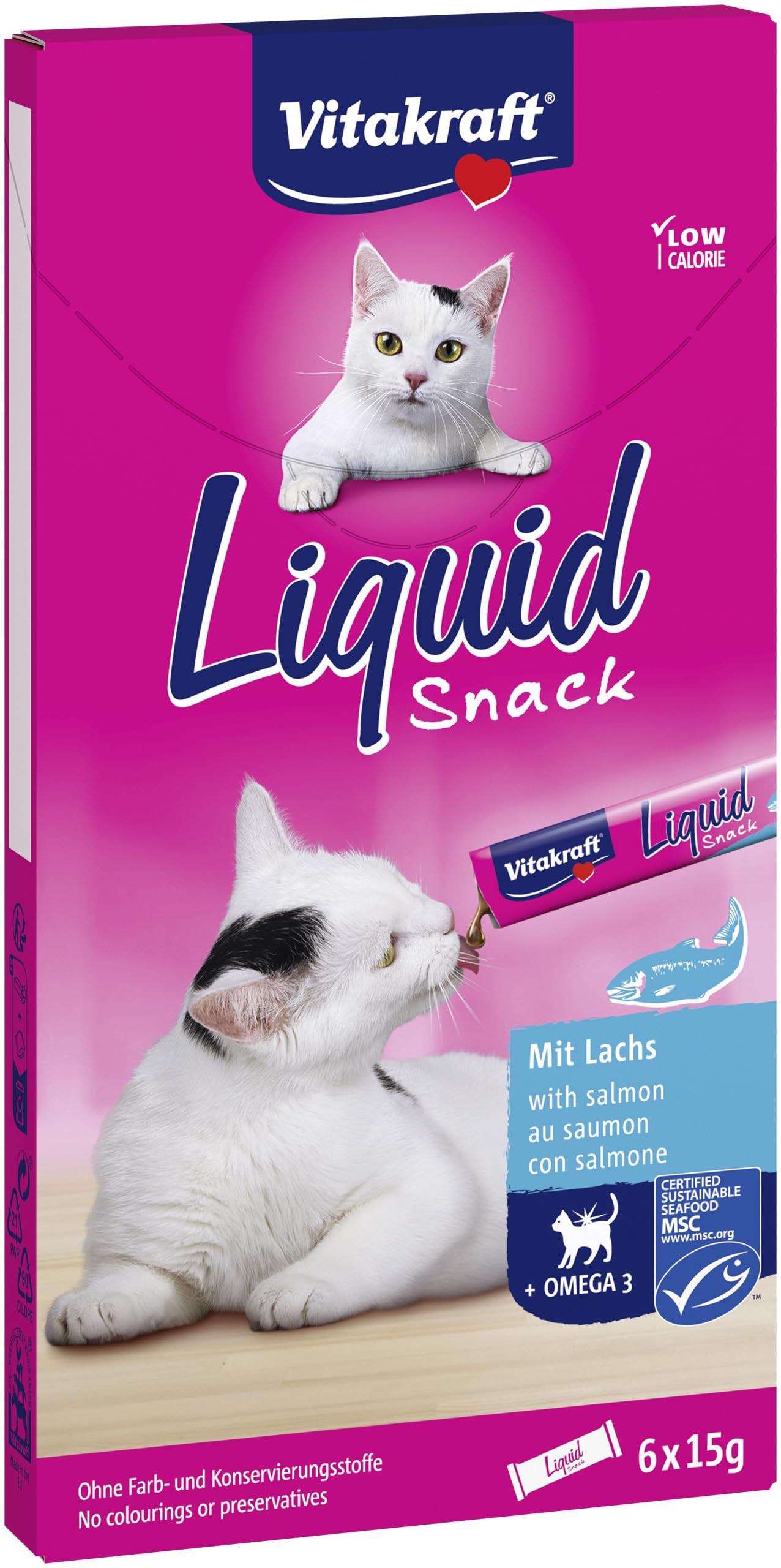 Vitakraft Liquid Snack Cremoso para Gatos con Salmón y Omega 3, Bolsitas Individuales, 6x15g