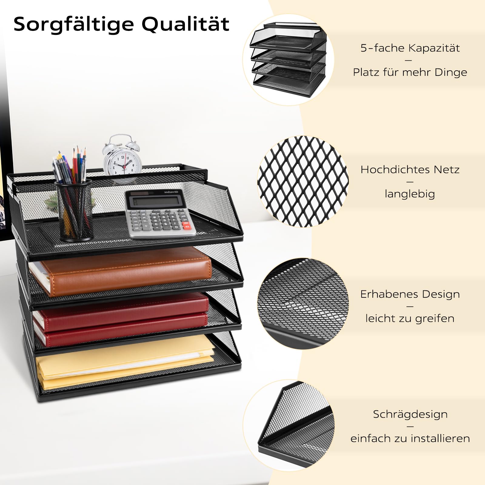 Dokumentenablage A4 Stapelbare Briefablage mit 5 Fächern (32 x 25 x 30 cm), Papierablage Schreibtisch Organizer, Aktenablage Ablagesystem für Büro und Arbeitszimmer, Schwarz