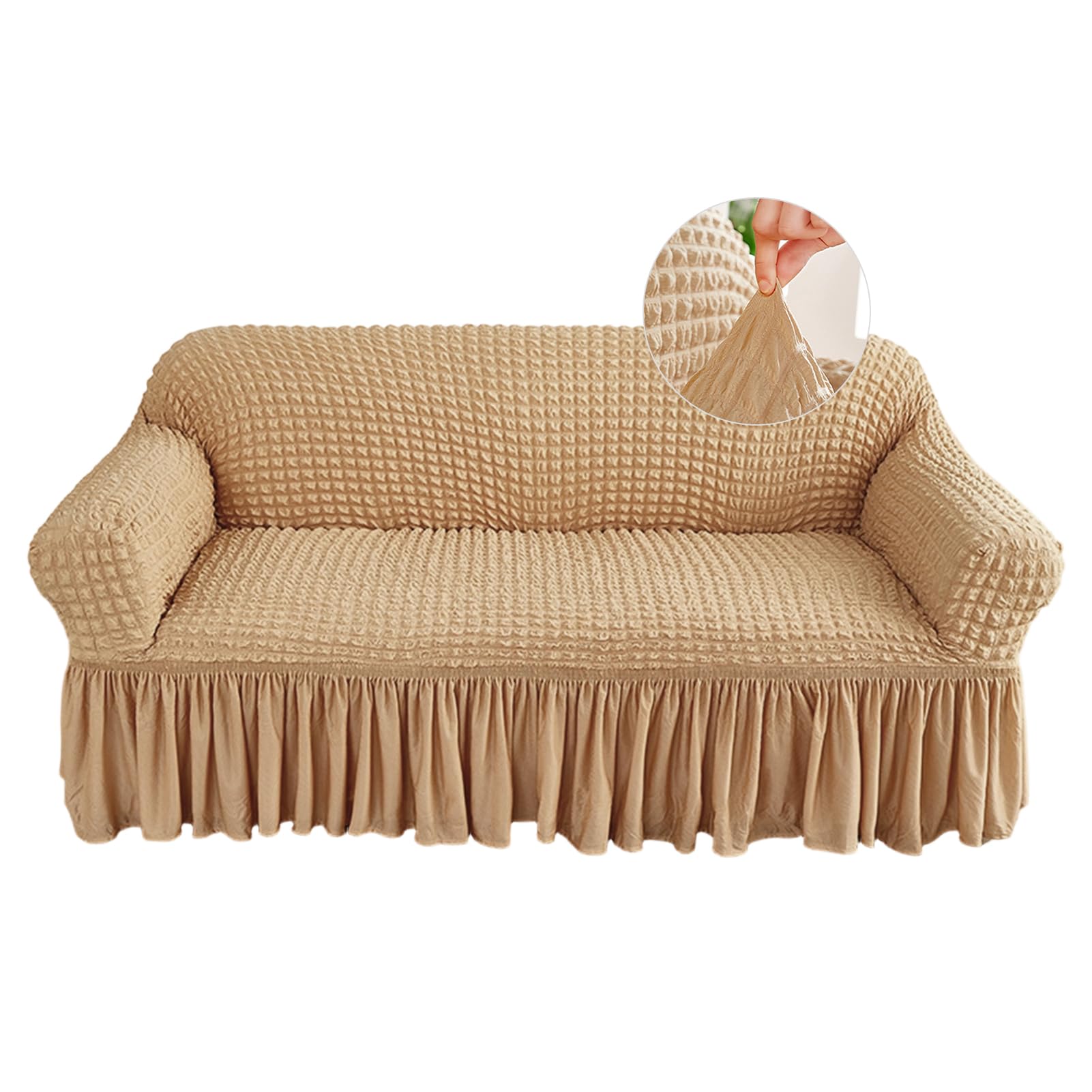 Seersucker-Stretch-Sofabezug mit Rüschenrock, Universeller Sofahusse, Waschbarer Sofaüberwurf, Beige, 4-Sitzer 235-300cm