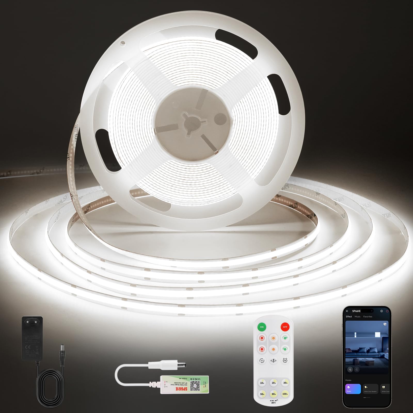 ACELUMO App Steuerung COB LED Streifen 10m, LED Strip 6000K mit Timerfunktion, Dynamischer Farb, LED Band für Wandpaneele, Küche Wohnzimmer, Kaltweiß