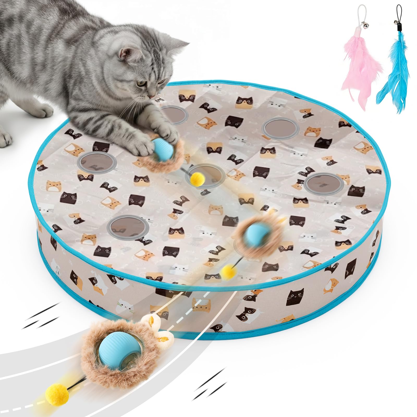 Sarvvte Cat Toys, Interactive Cat Toys for Indoor Cats,7 Holes Maze Mat Automatic Moving Ball Kitten Toys in Pouch, Feather Tail, Touch Activation