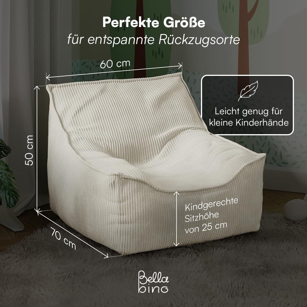 Bellabino Cleo Kindersitzsack – Sitzsack für Kinder aus Cord mit Füllung – Kindersessel Beige 50x75x60 cm (HxTxB)