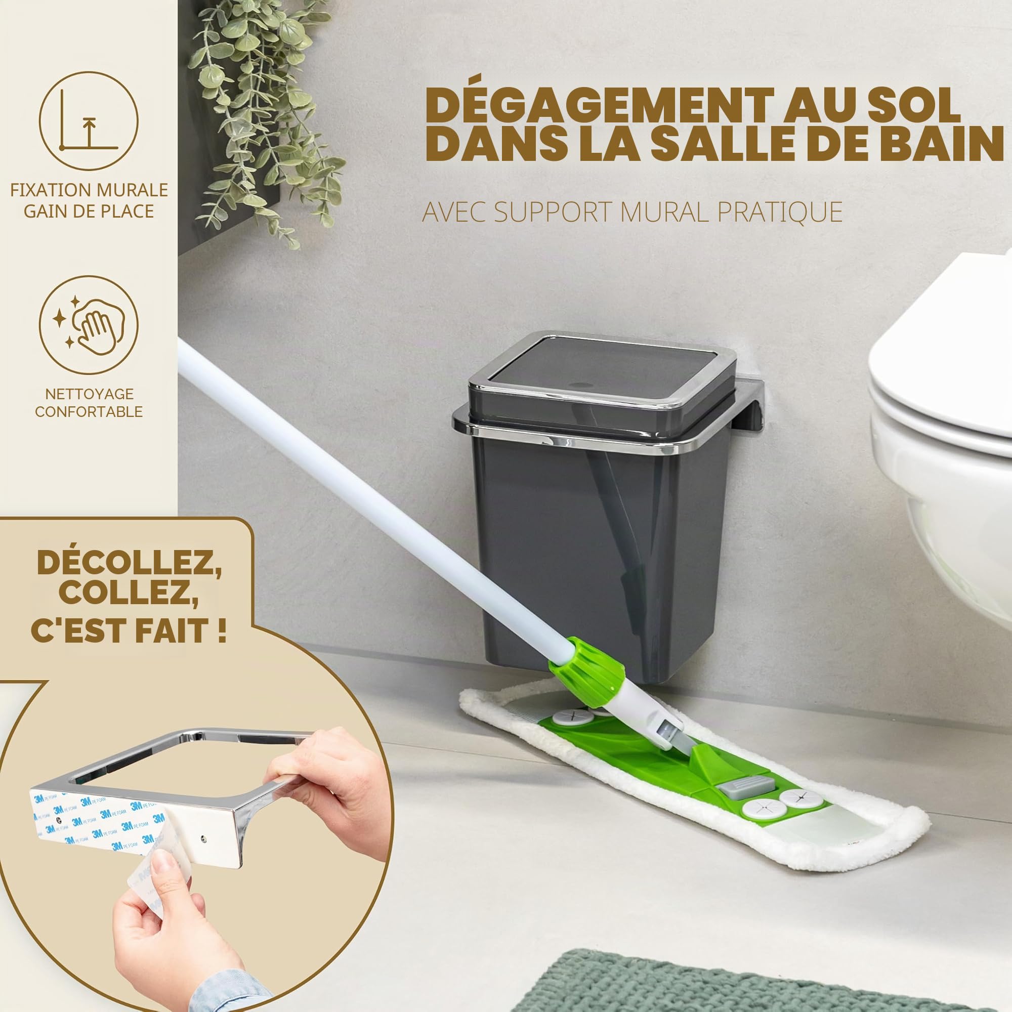 bremermann Savona Ensemble de Salle de Bain 2 pièces avec Poubelle de Salle de Bain 6 l et Brosse WC avec Support Mural carré (Plastique-Gris)