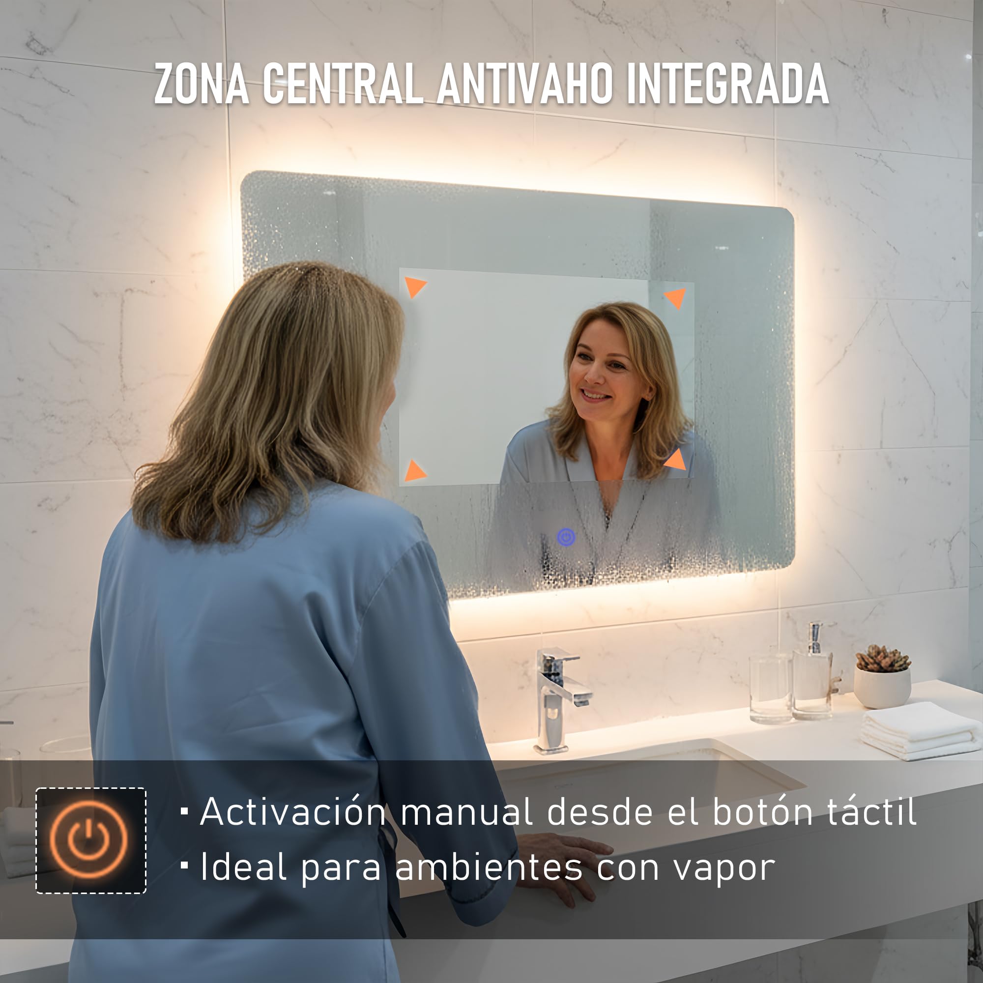 Espejo de Pared Decorativo con Luz LED Regulable 3000K/4000K/6000K【70x50 cm】 Diseño Rectangular, Función Antivaho con Interruptor Táctil e Instalación Fácil