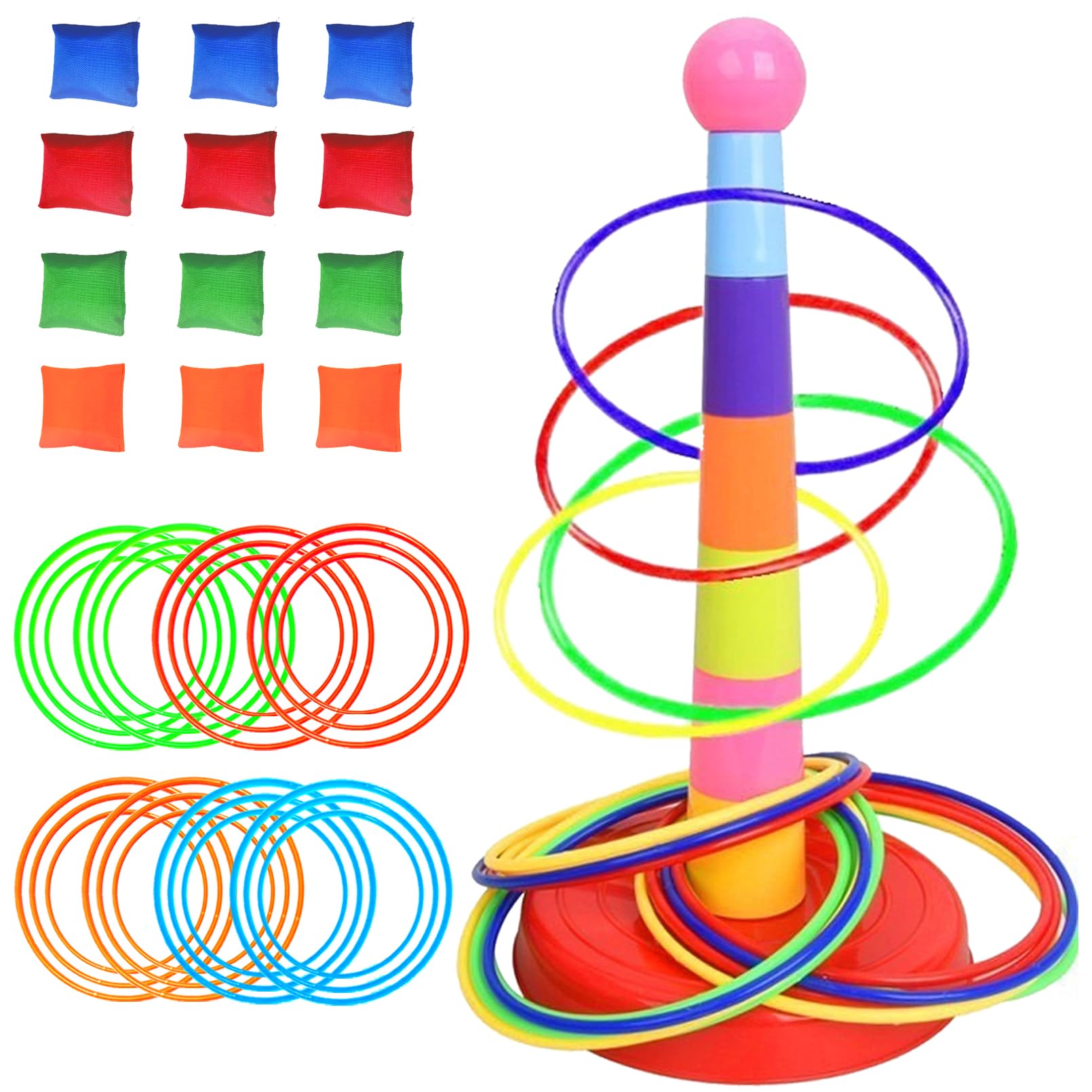 ailixinda Colorful Plastic Sport Ring Toss Game Set for Kids,1 Colorful Columns+24 Rings+12 Bean Bags,Outside Toys Carnival Ring Circle Game,Outdoor