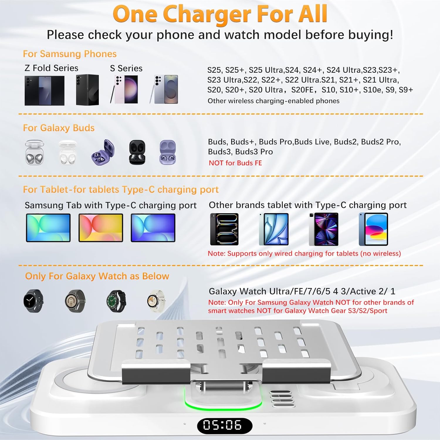 30W Foldable Fast Wireless Charger Stand for Multiple Samsung Device & Android, 6 in 1 Charging Station for Adjustable Tablet Stand with 7-Color Lights/Clock,Watch Charger Only for Galaxy Watch - Image 3