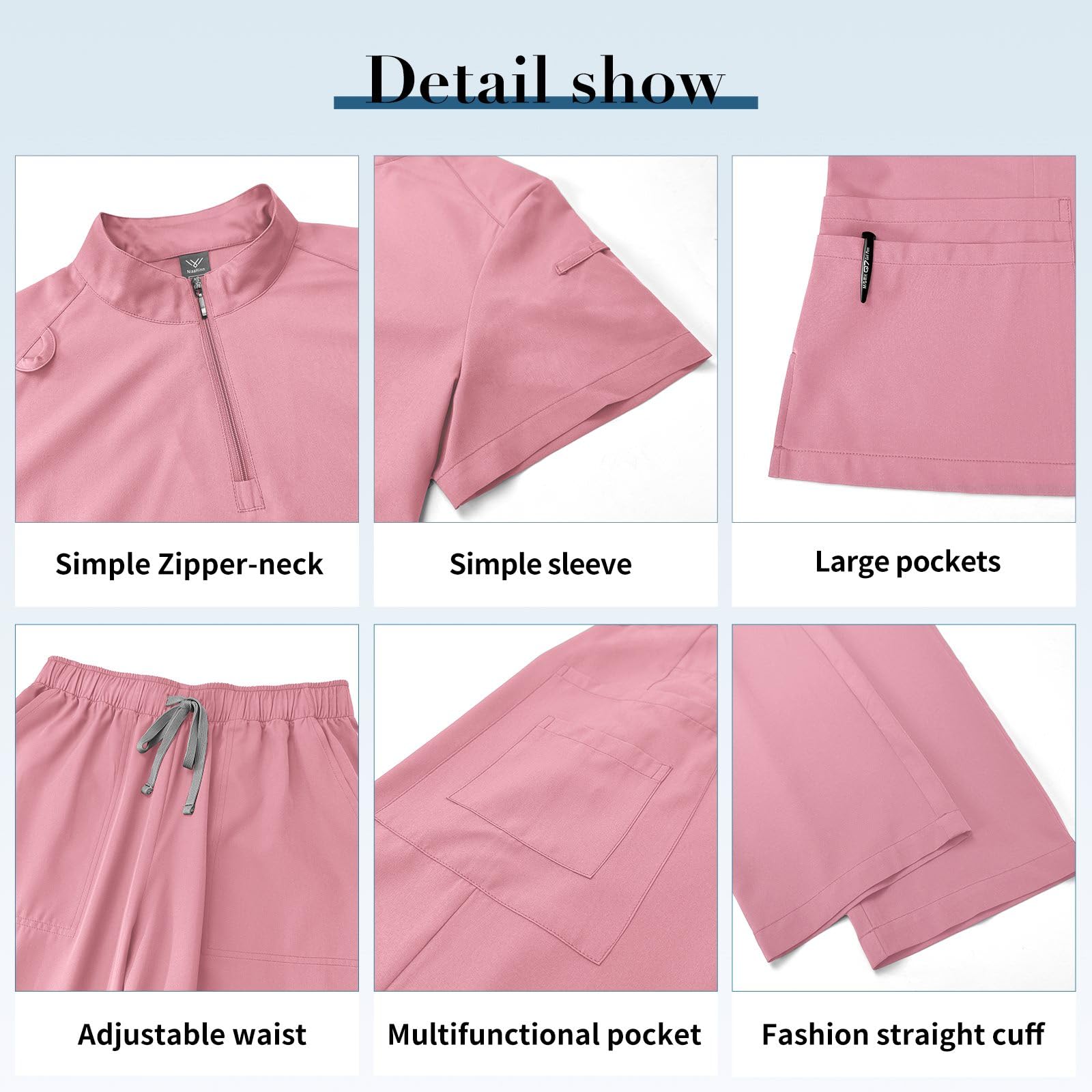 niaahinn Scrub for Women Set- Collar Neck Scrub Top & Yogga Waistband Cargo Pants 4-Way Stretch Scrub Set (Pink,S)