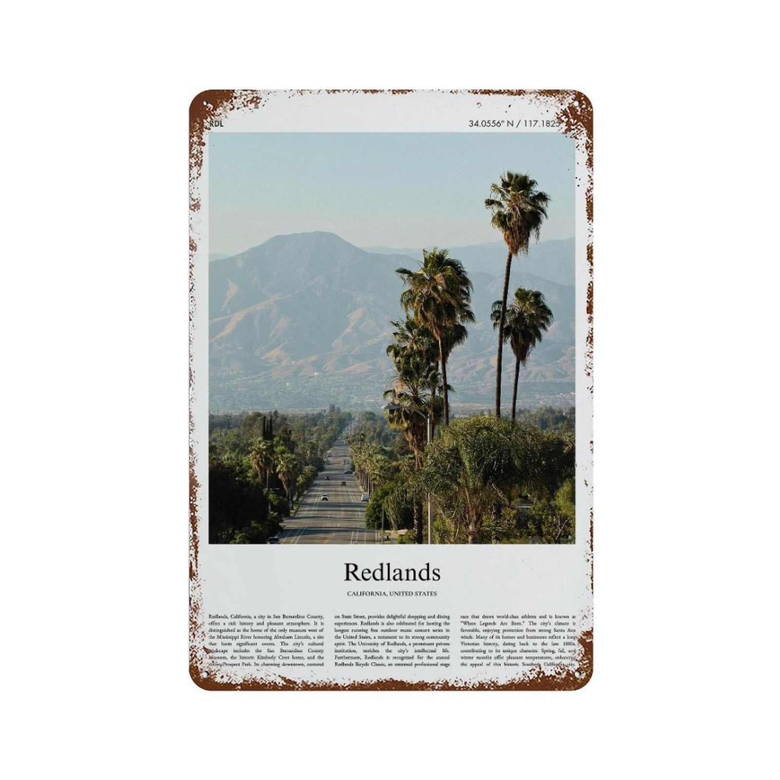 xiaoxiaoshen Redlands California, United States, USA City Scenery Wall Decor Art Metal Tin Poster Modern Home Decor Art Home Bar Shop Decorations Vintage Sign 30x20cm