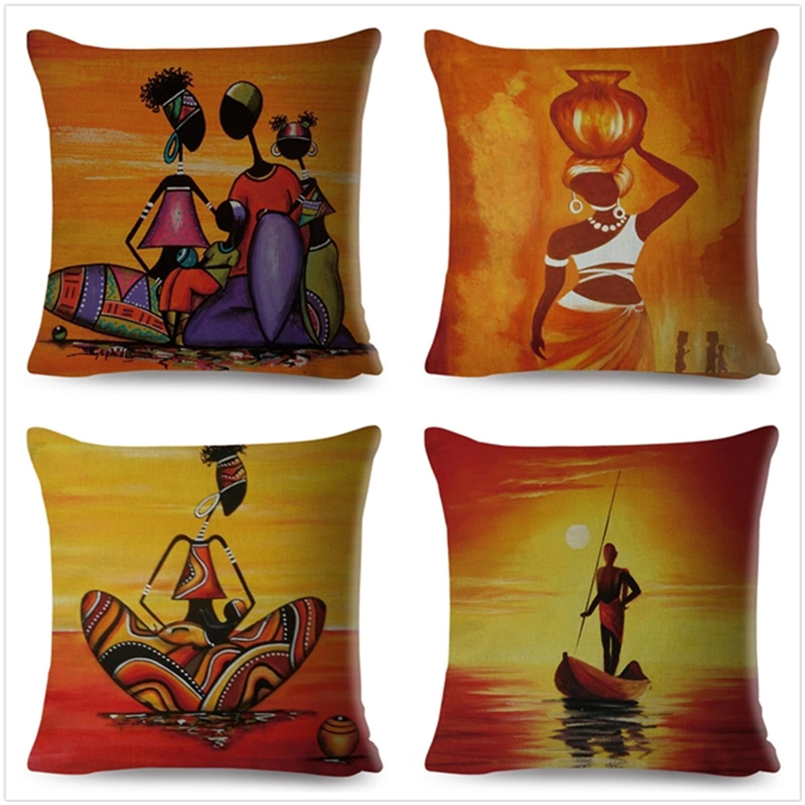 Fundas de Cojín, Funda de Almohada Lino de algodón Decorativa Figuras Africanas Moderna con Cremallera Invisible Funda de Cojín 65x65cm, Juego de 4 Funda de Cojines para Sala de Estar Sofás