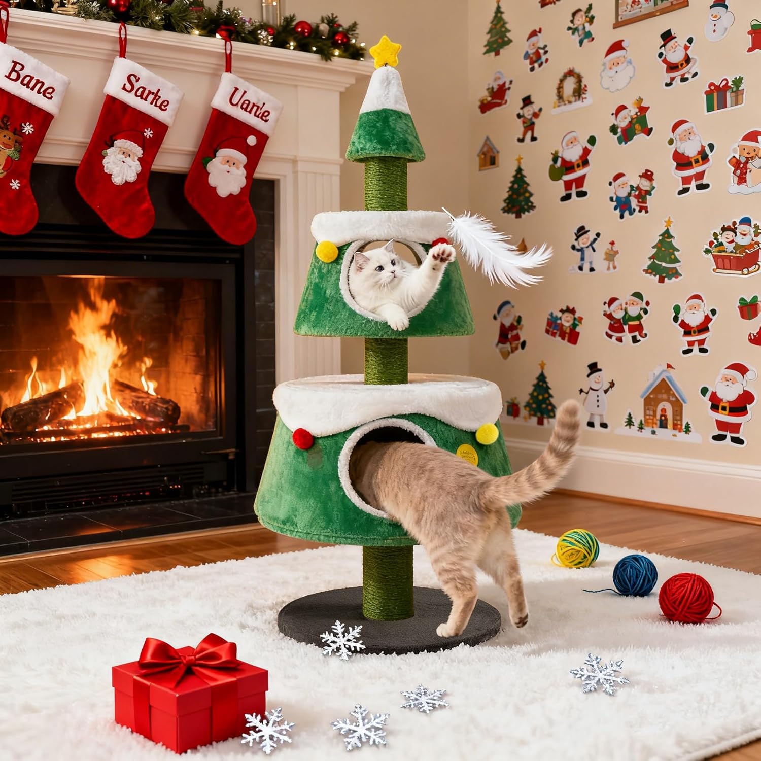 SOARS Árbol Rascador de Navidad para Gatos 153 cm, Grande Con Cama, Cojín Extraíble, Poste Rascador, Bolas de Pelo y Juguete Estrella